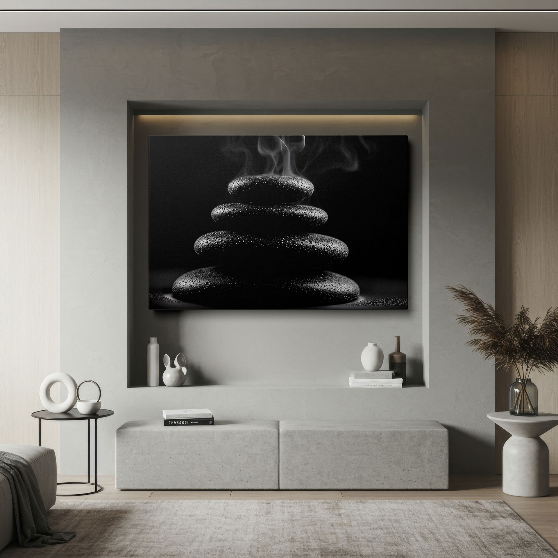 Stacked stones wall decor with rising smoke, creating a serene focal point.