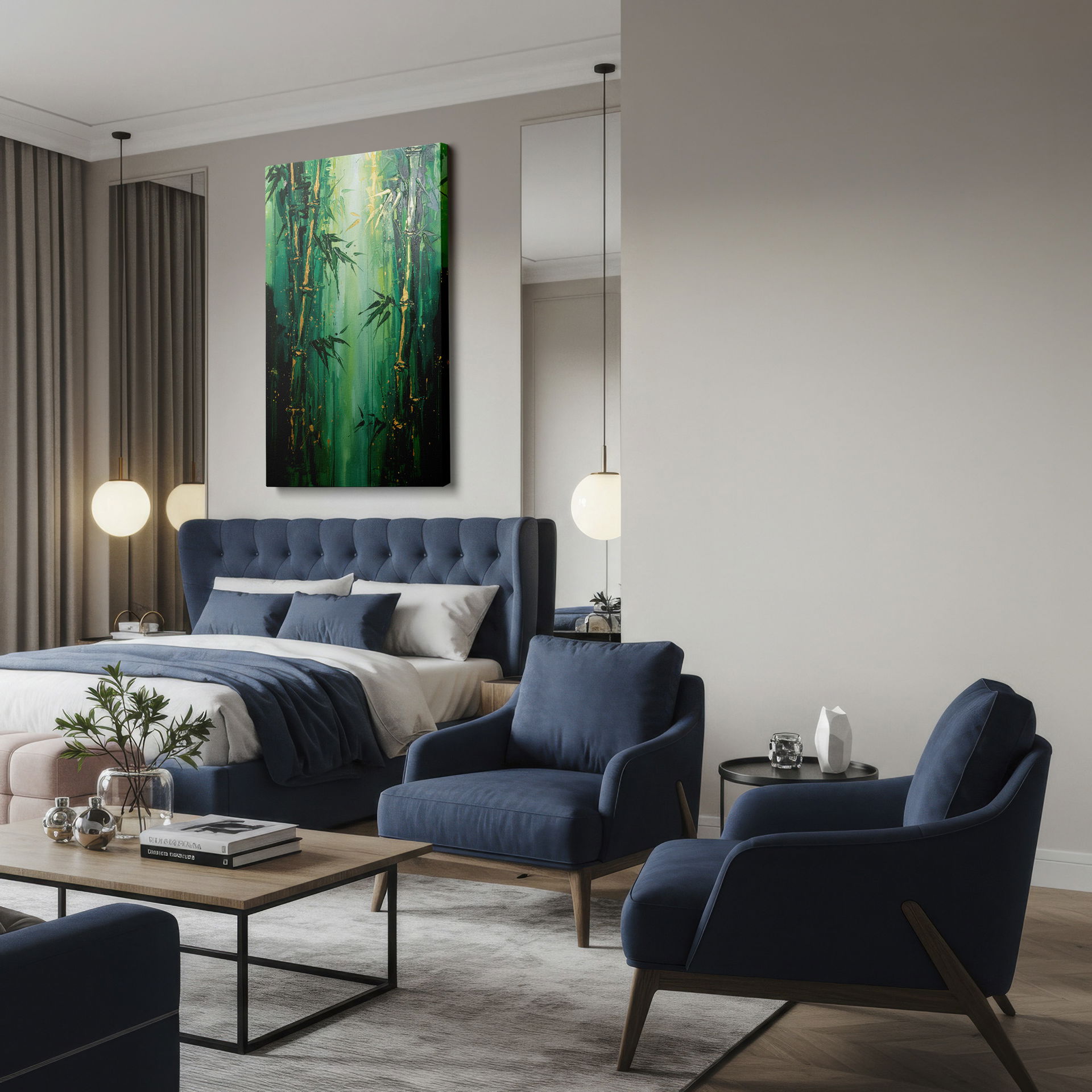 Close-up of vibrant green bamboo stalks with gold accents; beautiful wall decor for any room.