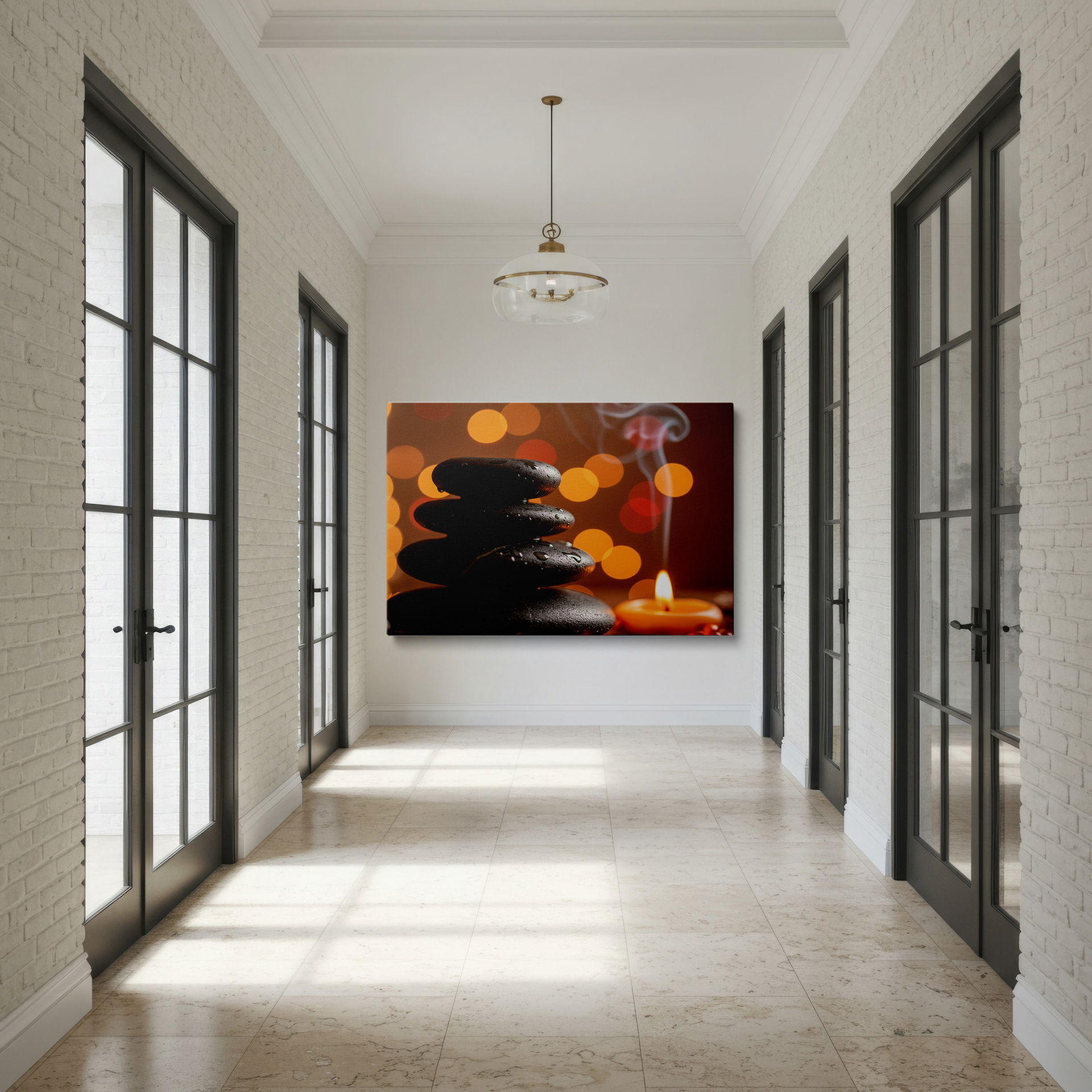 Illuminated black Zen Stones wall decor with candlelight and bokeh effect for a calm space.