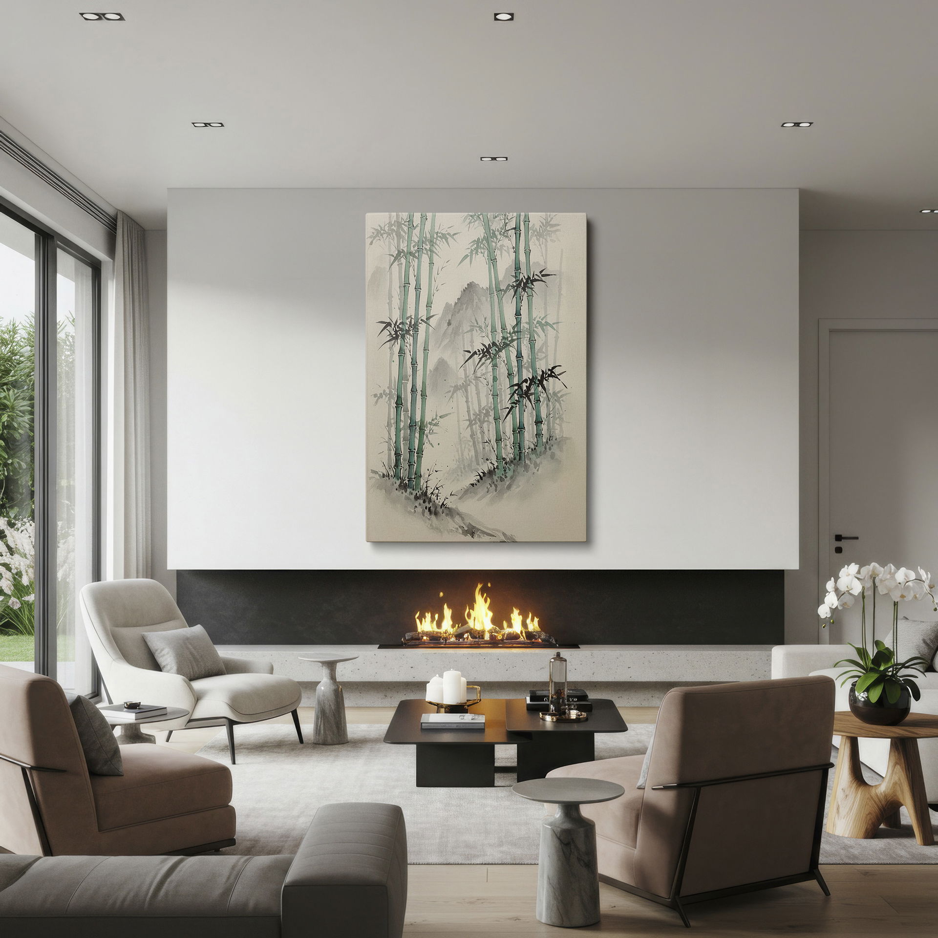 Bamboo forest landscape wall art with misty mountains in watercolor style. Wrapped Canvas for any room.
