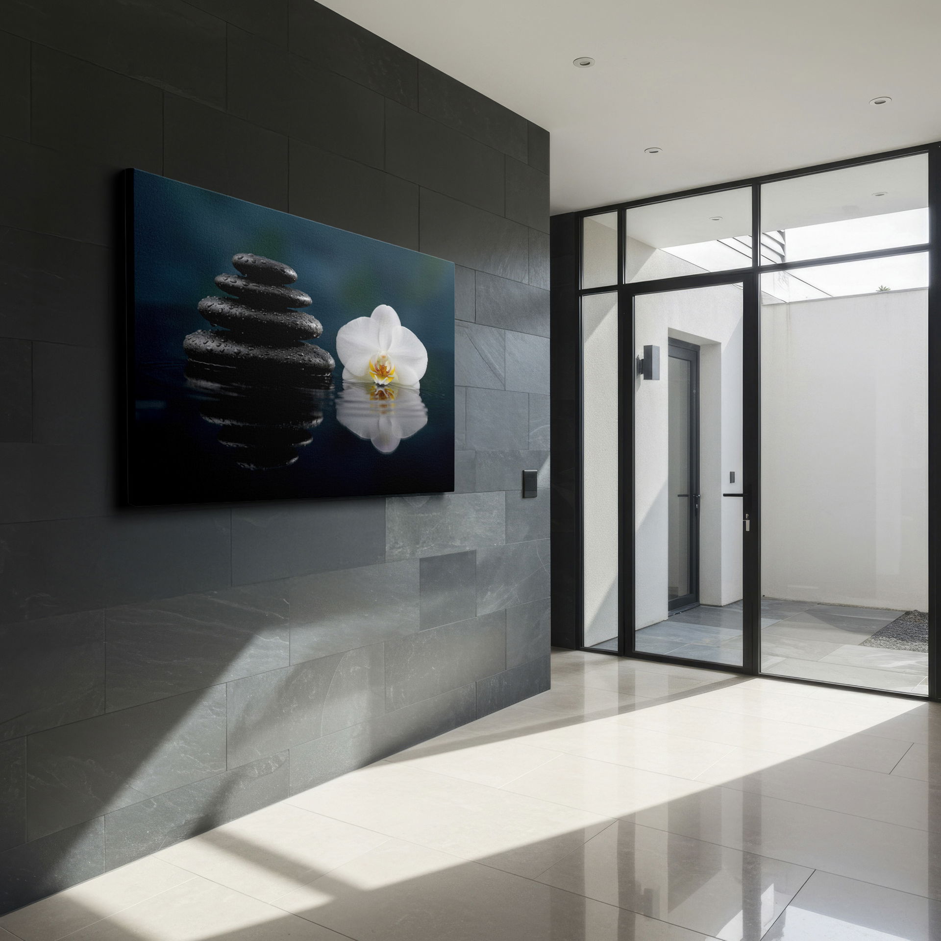 Balanced stones & orchid wrapped canvas, a serene addition to your wall decor.