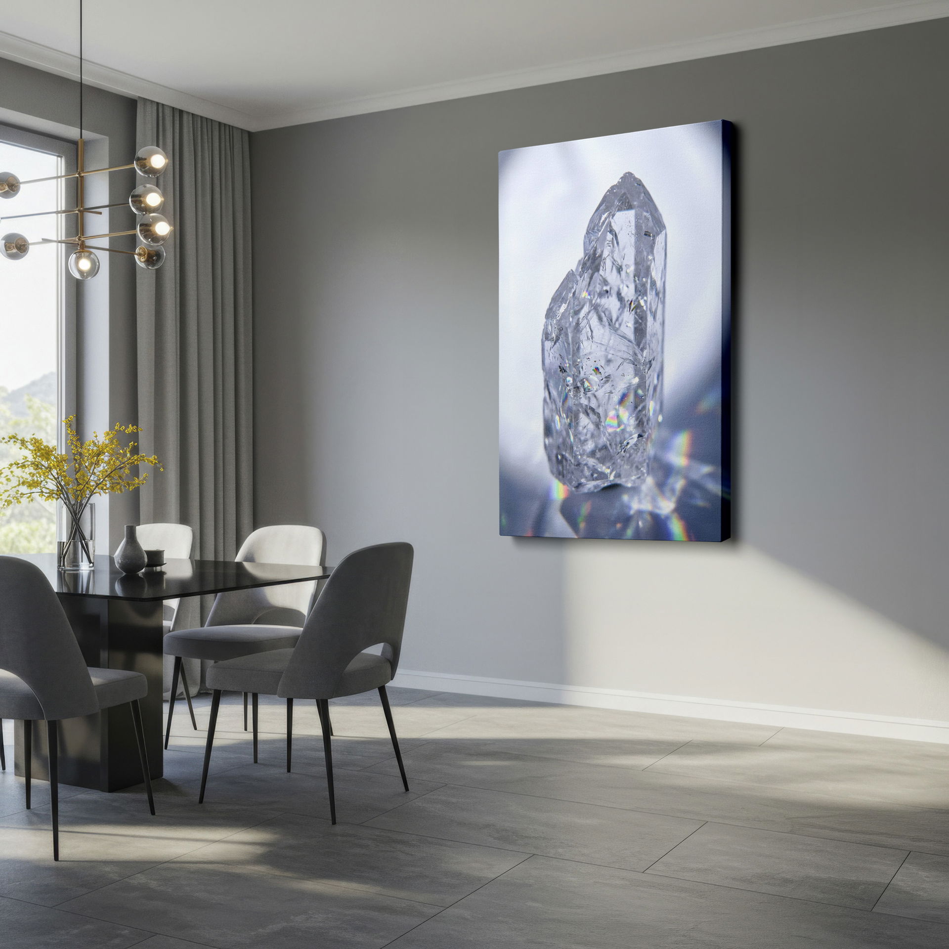 Detailed clear quartz crystal wall decor casting spectral rainbow light patterns, photographic wall art.