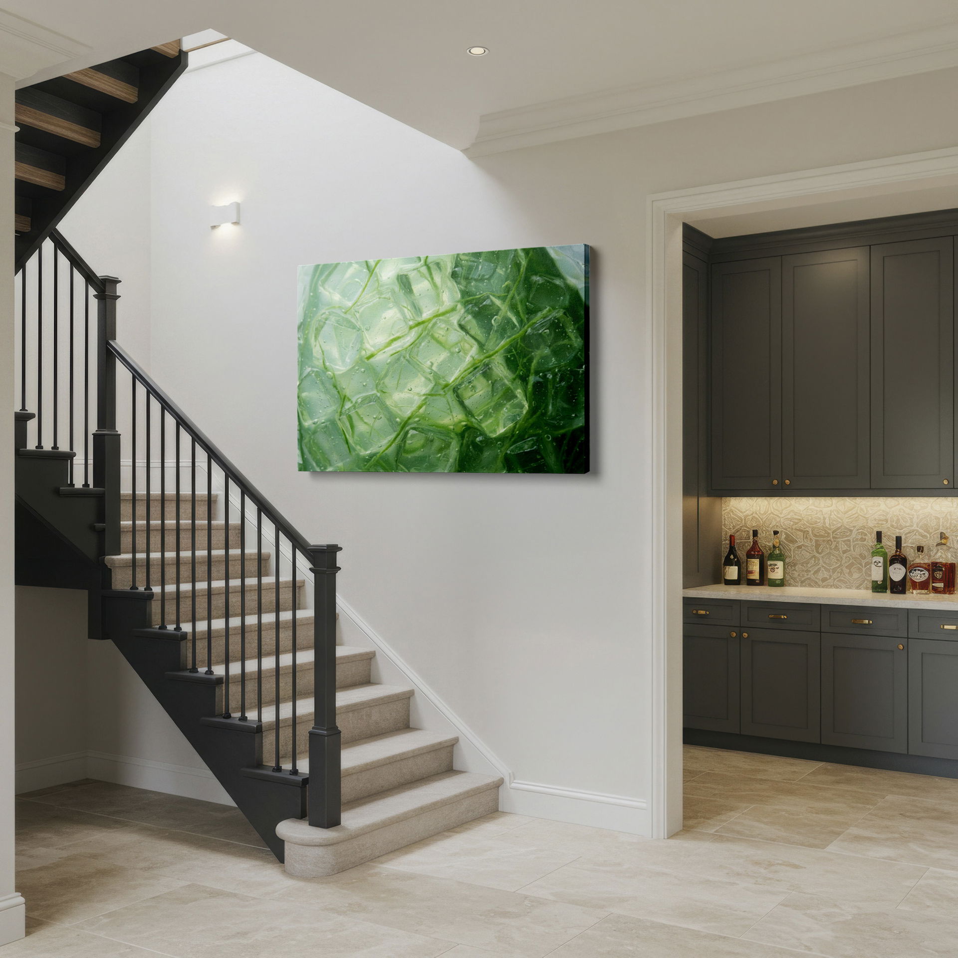 Close-up abstract view of ice cubes and plant life perfect wall decor for a modern and tranquil setting.