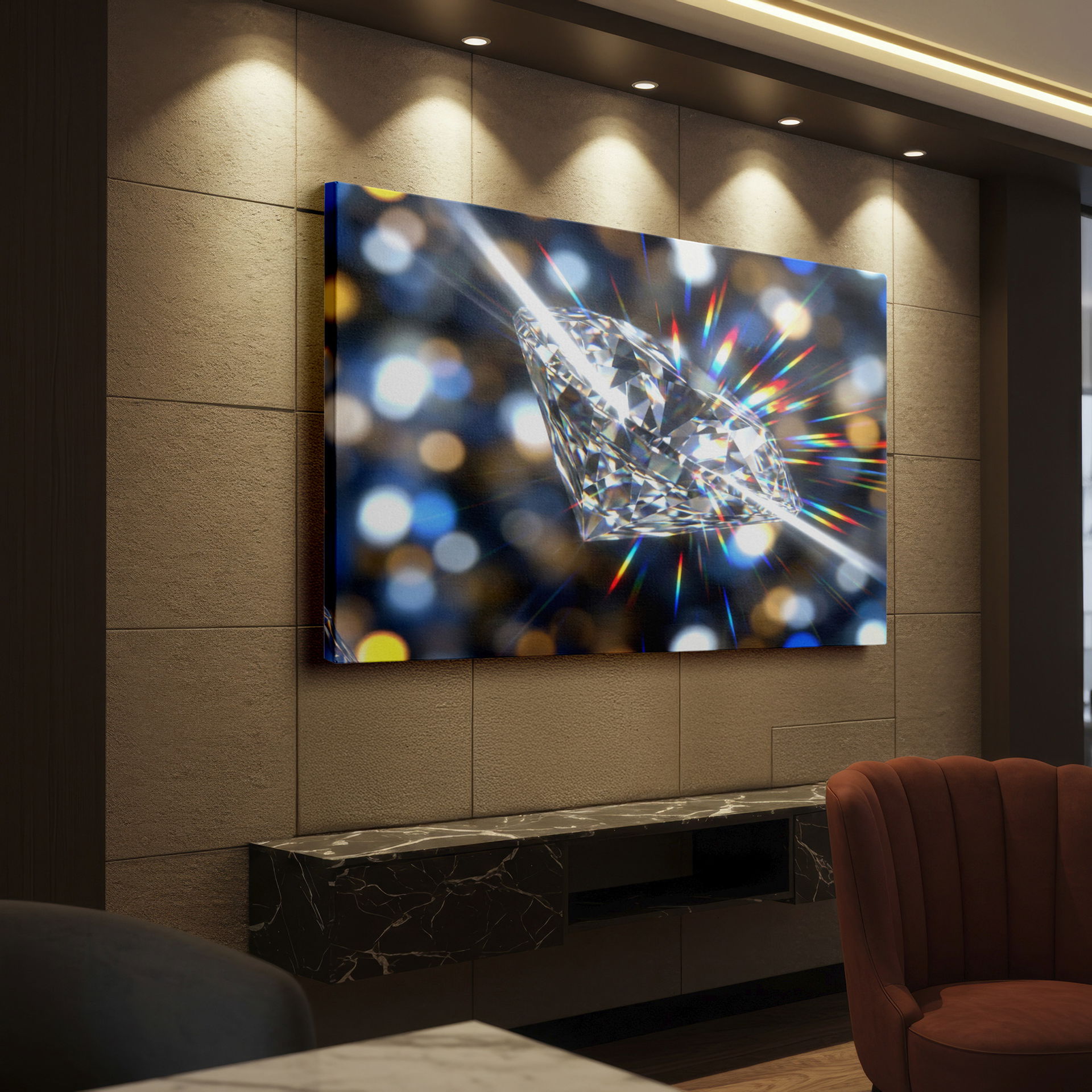 Close-up wall decor featuring a dazzling diamond with colorful light bursts.