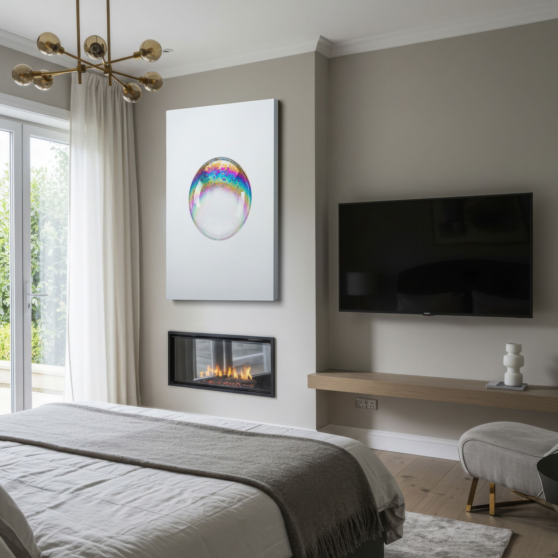 Iridescent bubble art displaying a mesmerizing swirl of vibrant colors; an abstract Wrapped Canvas.