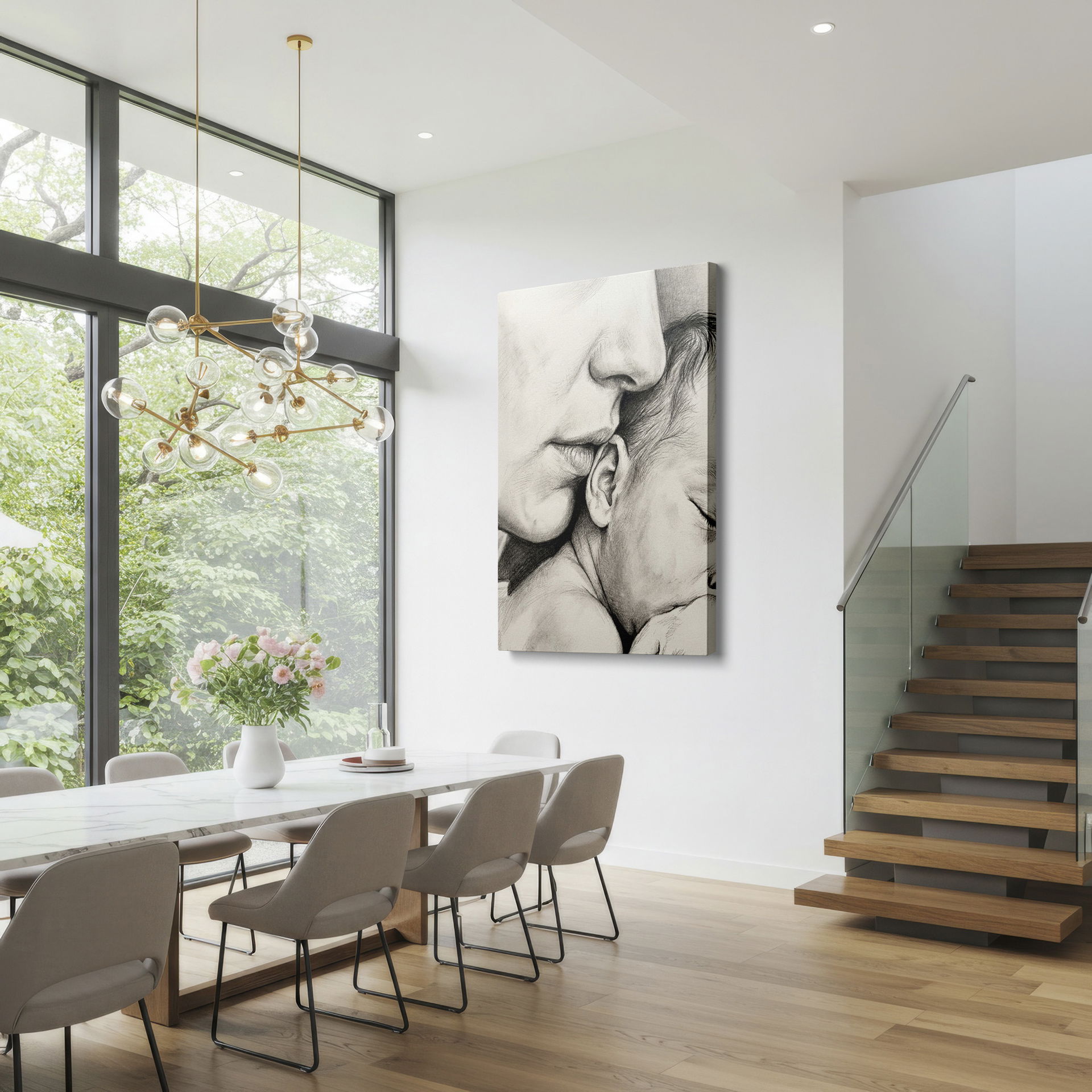 Detailed Wrapped Canvas: A mother lovingly kisses her sleeping baby's head in this sketch.