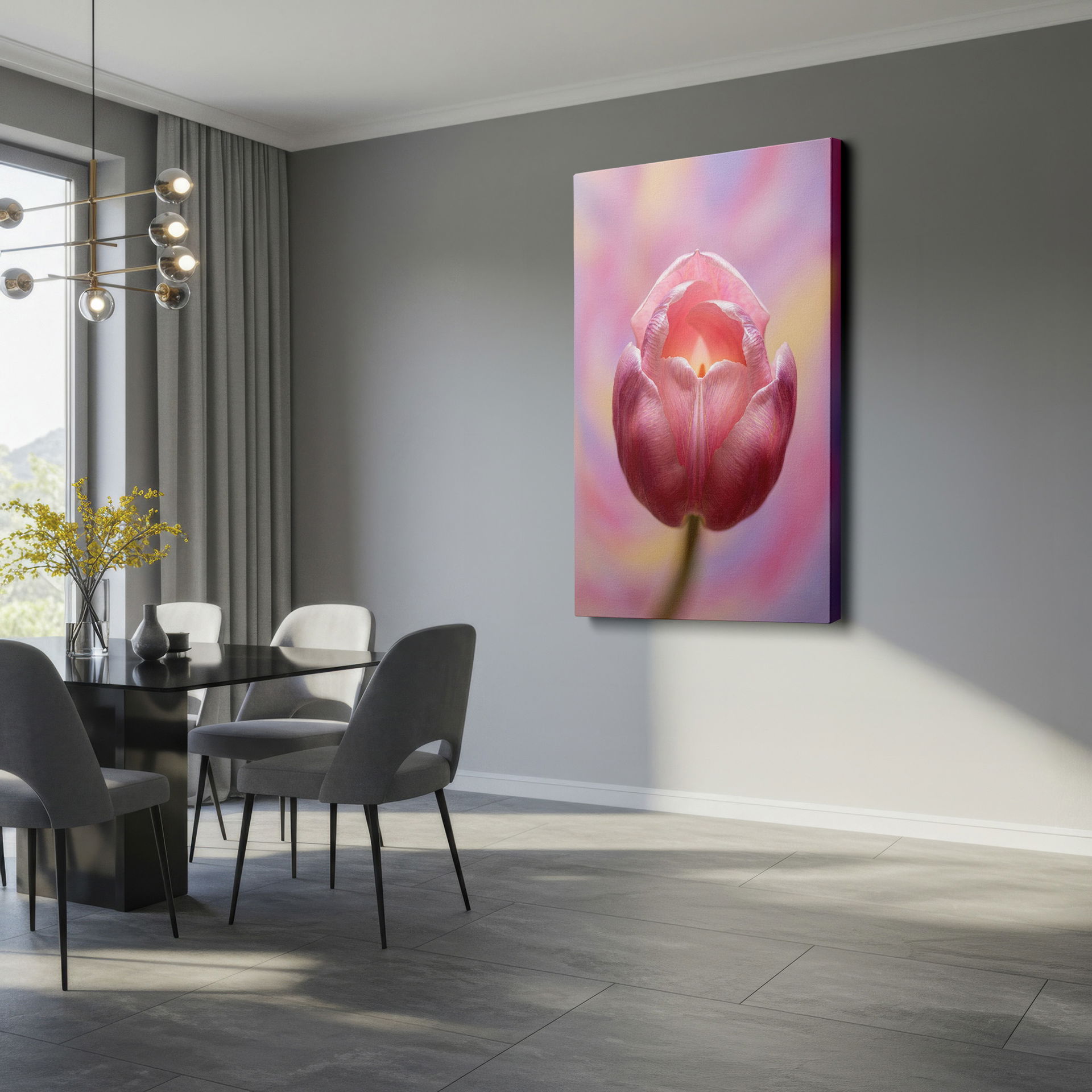 A detailed shot showcases a pink tulip bloom, a gorgeous addition to your wall decor.
