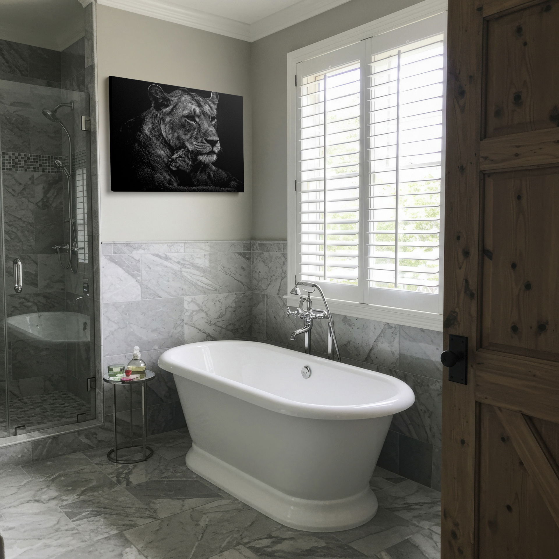 Monochrome image: Lioness embraces her cub, a tender scene brought to life as Wrapped Canvas.