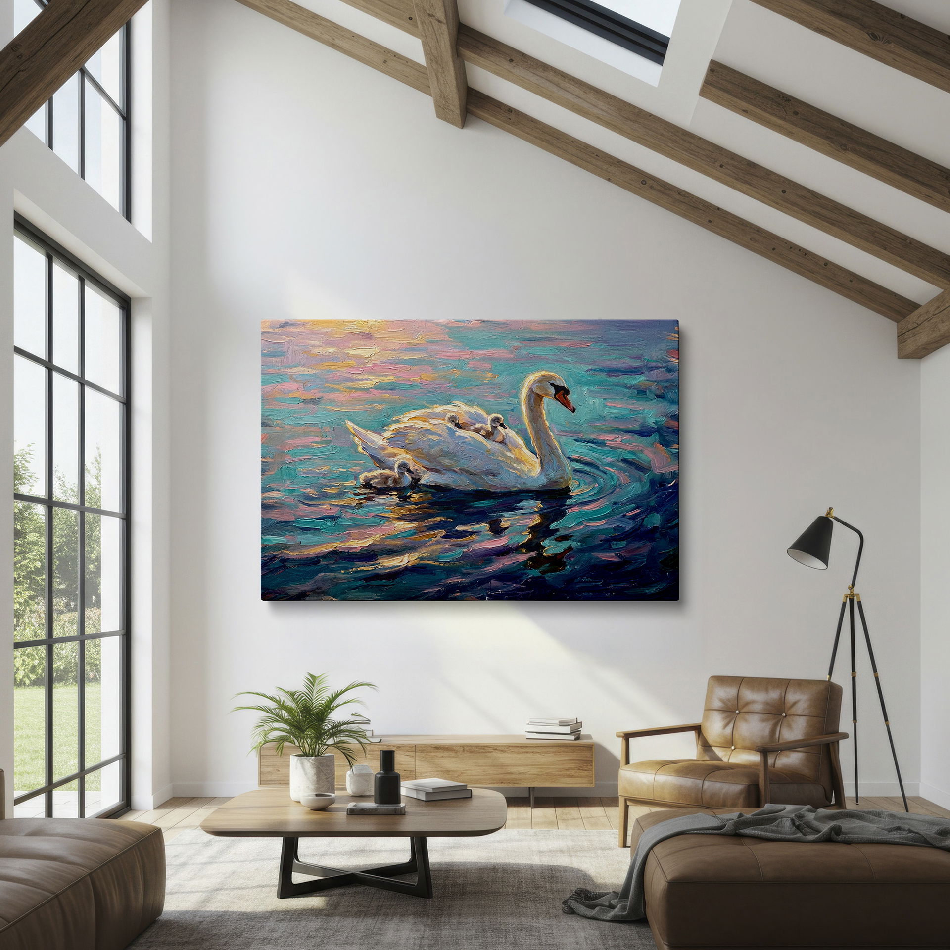 Impressionistic painting of a swan family on water with pastel reflections. Captivating wall decor.