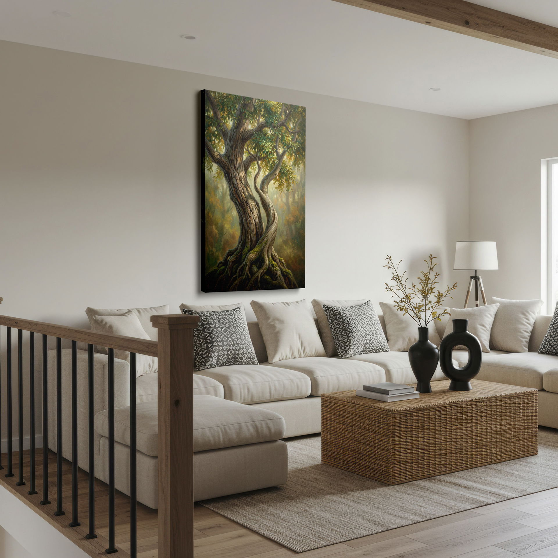 Beautiful canvas print of an ancient tree featuring detailed bark, lush green foliage, and a serene forest background enhancing home wall decor.