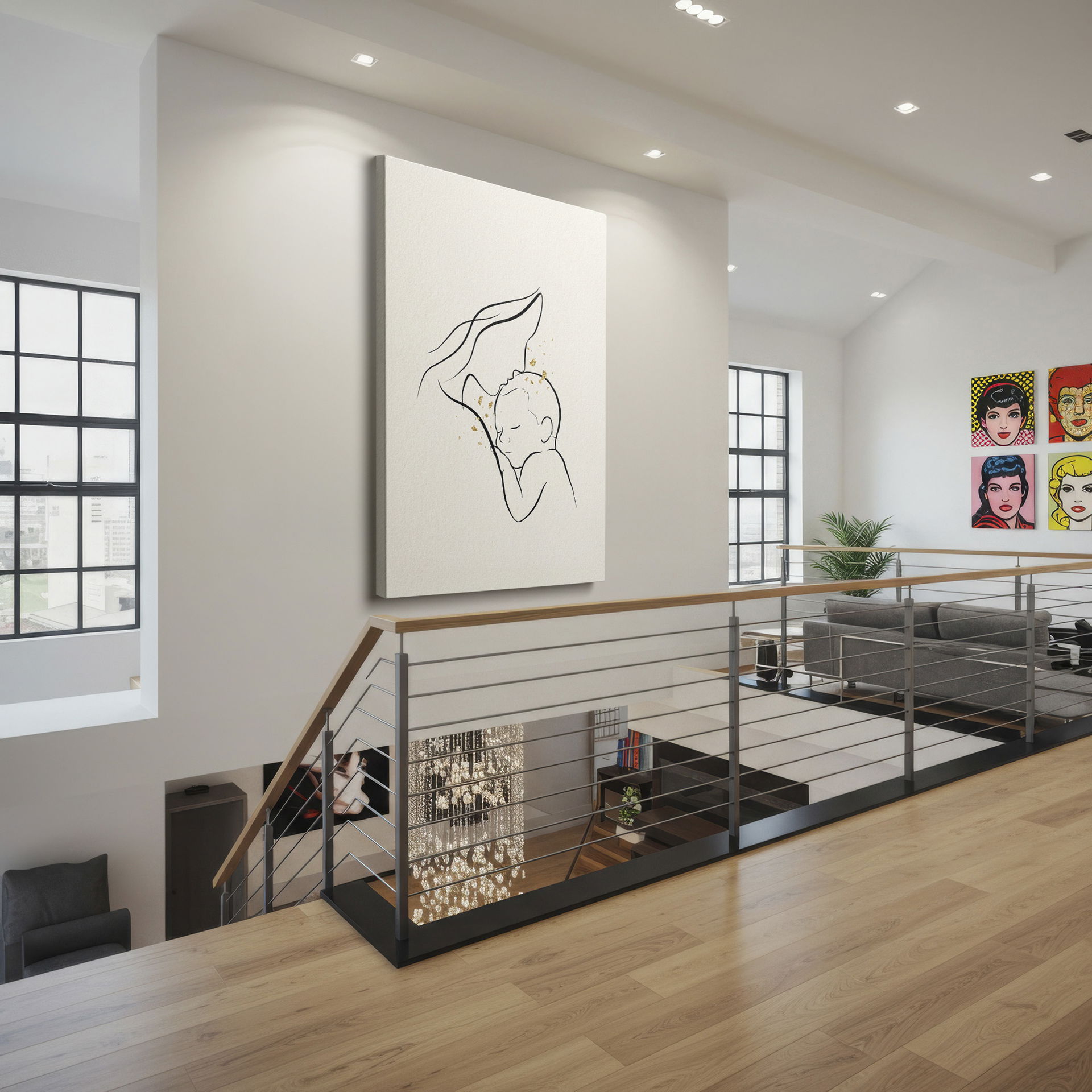 Gentle line drawing showing a mother and child, a beautiful piece of Wrapped Canvas for a serene ambiance.