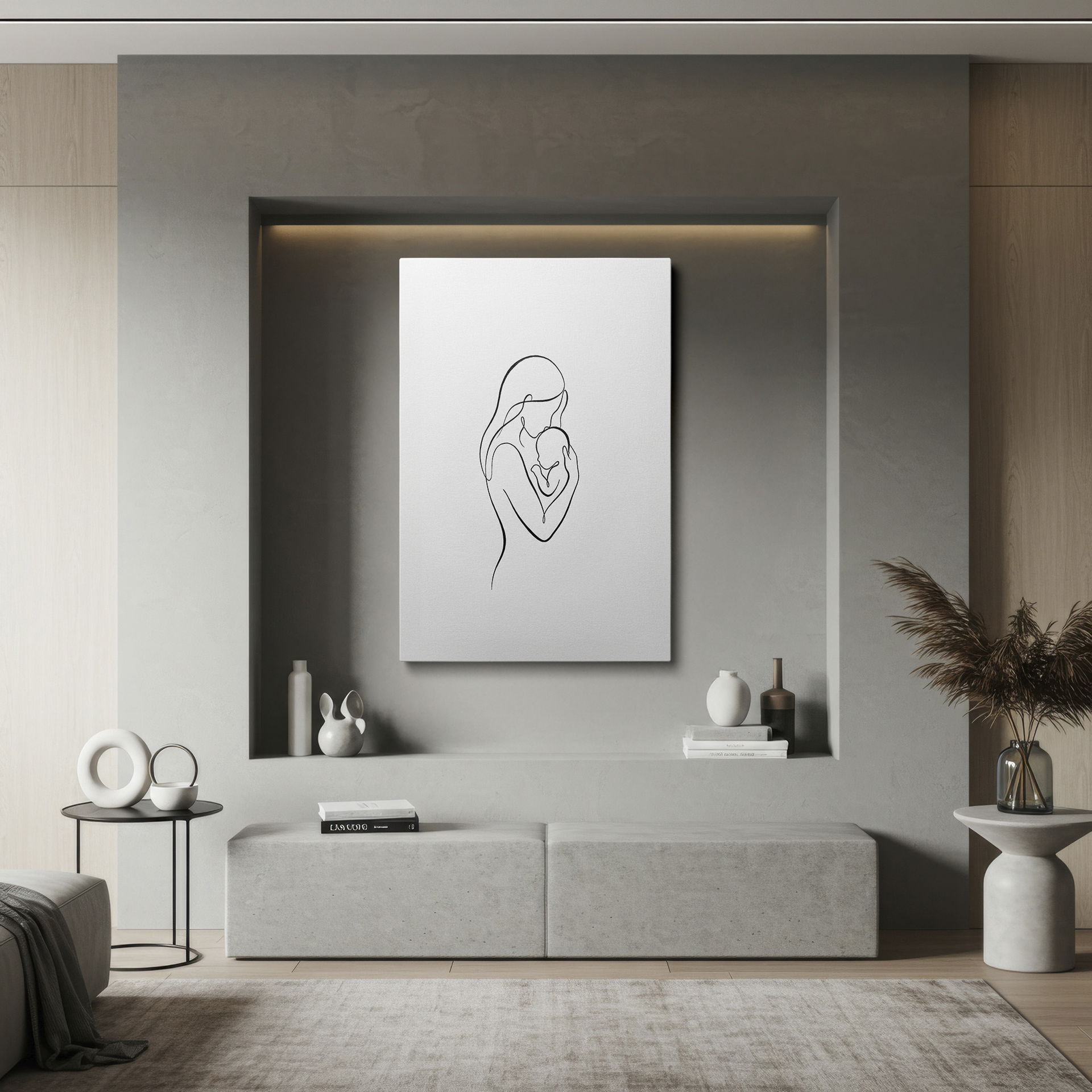 Graceful mother and child line drawing; ideal wall decor for a modern nursery.