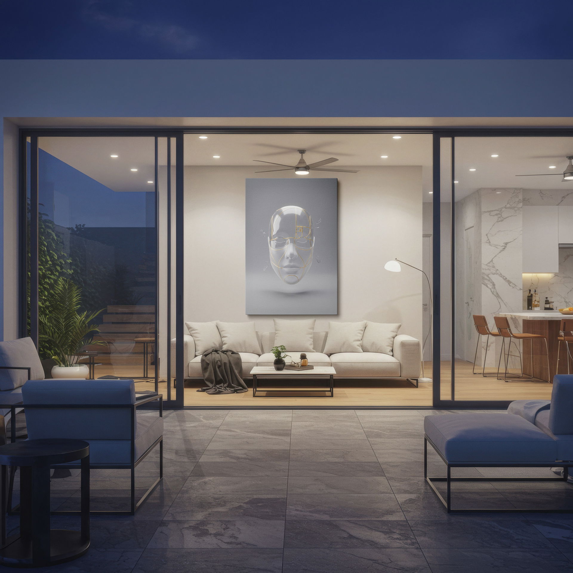 Contemporary wall decor showcasing a glass-like face with geometric gold patterns.