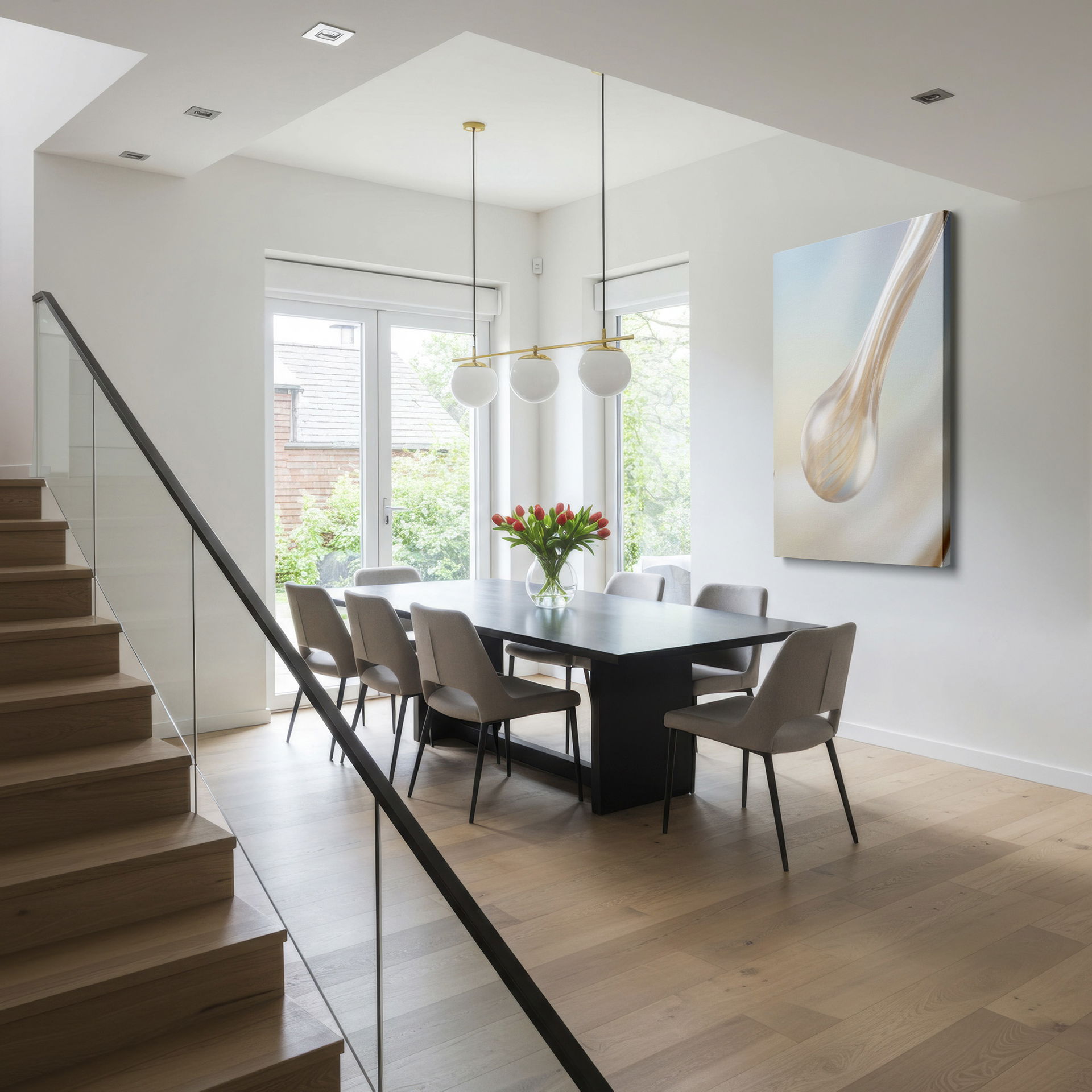 Luminous, abstract teardrop shape with swirling lines showcased as Wrapped Canvas art.