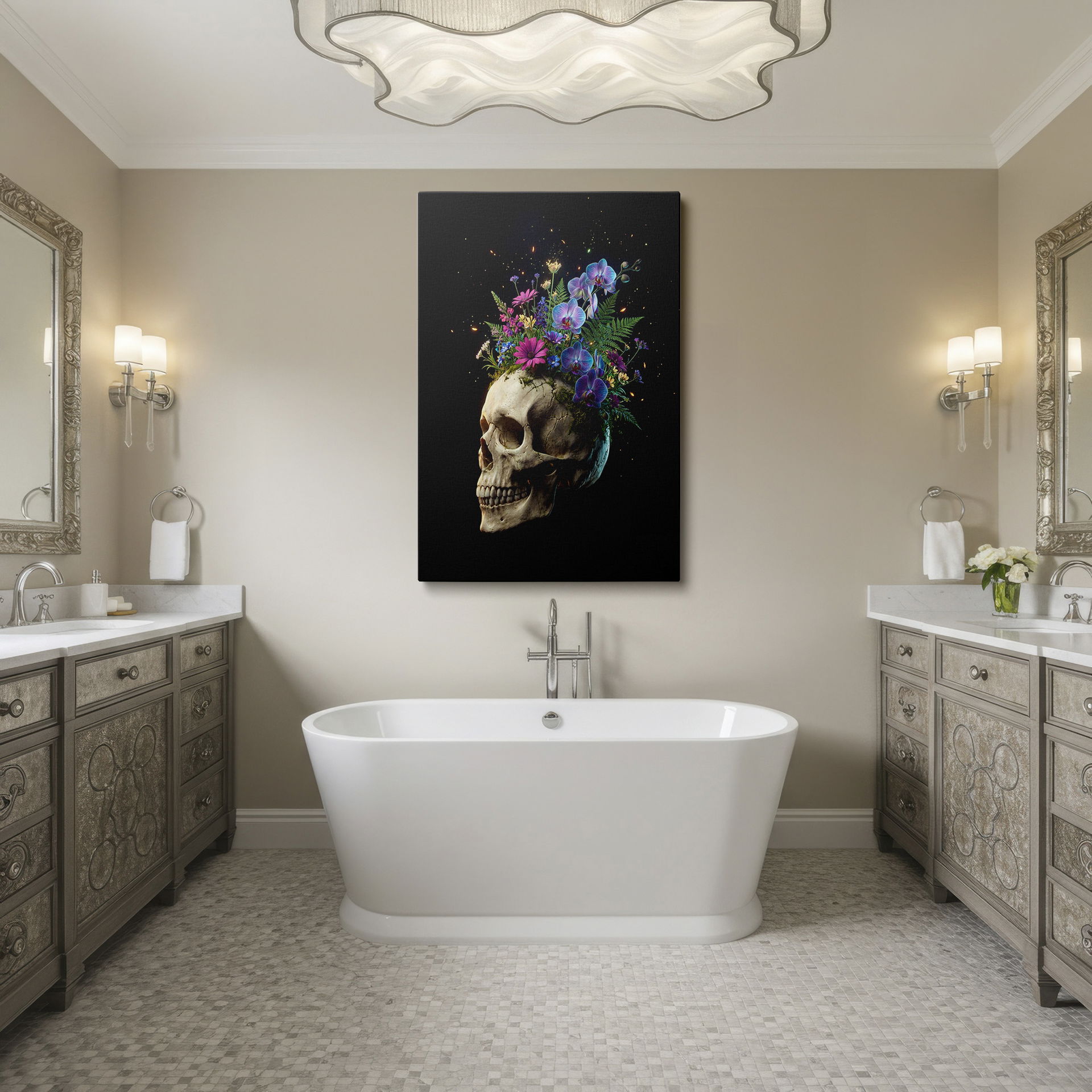 Striking Wrapped Canvas: skull and floral display, set on stark black. Eye-catching focal point.