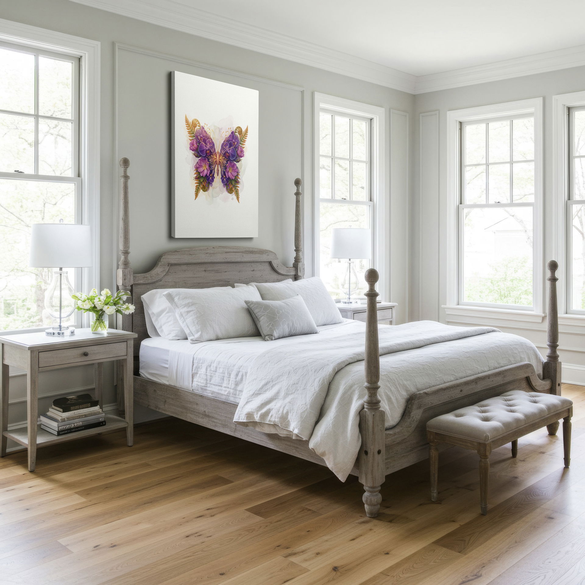 Botanical wings wall decor featuring a butterfly design crafted from purple and pink flowers, accented with golden details.