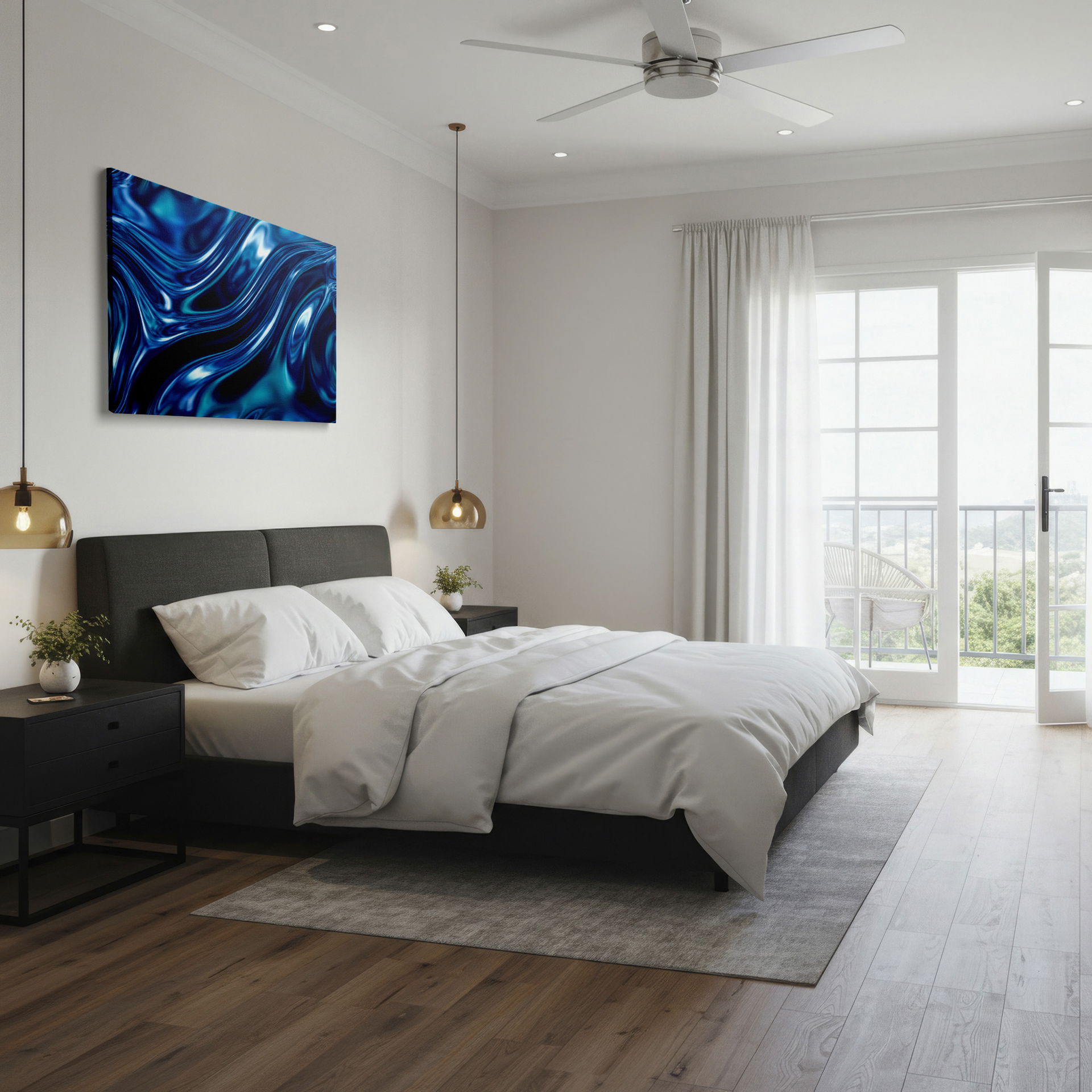 Fluid, swirling patterns of blues and whites create a captivating piece of wall decor.