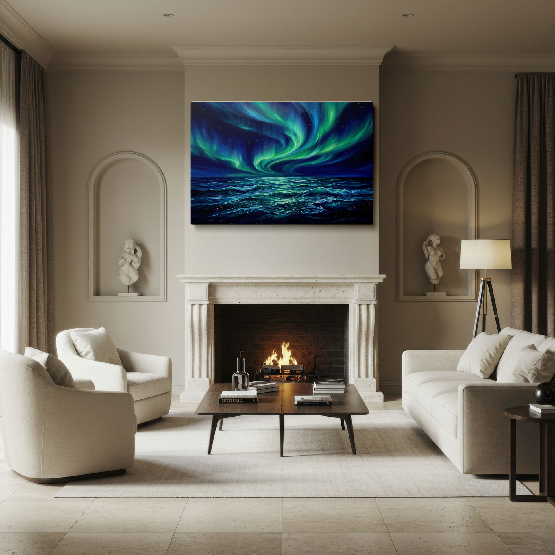Breathtaking Wrapped Canvas of the Northern Lights dancing over the ocean; a serene and beautiful wall art piece.