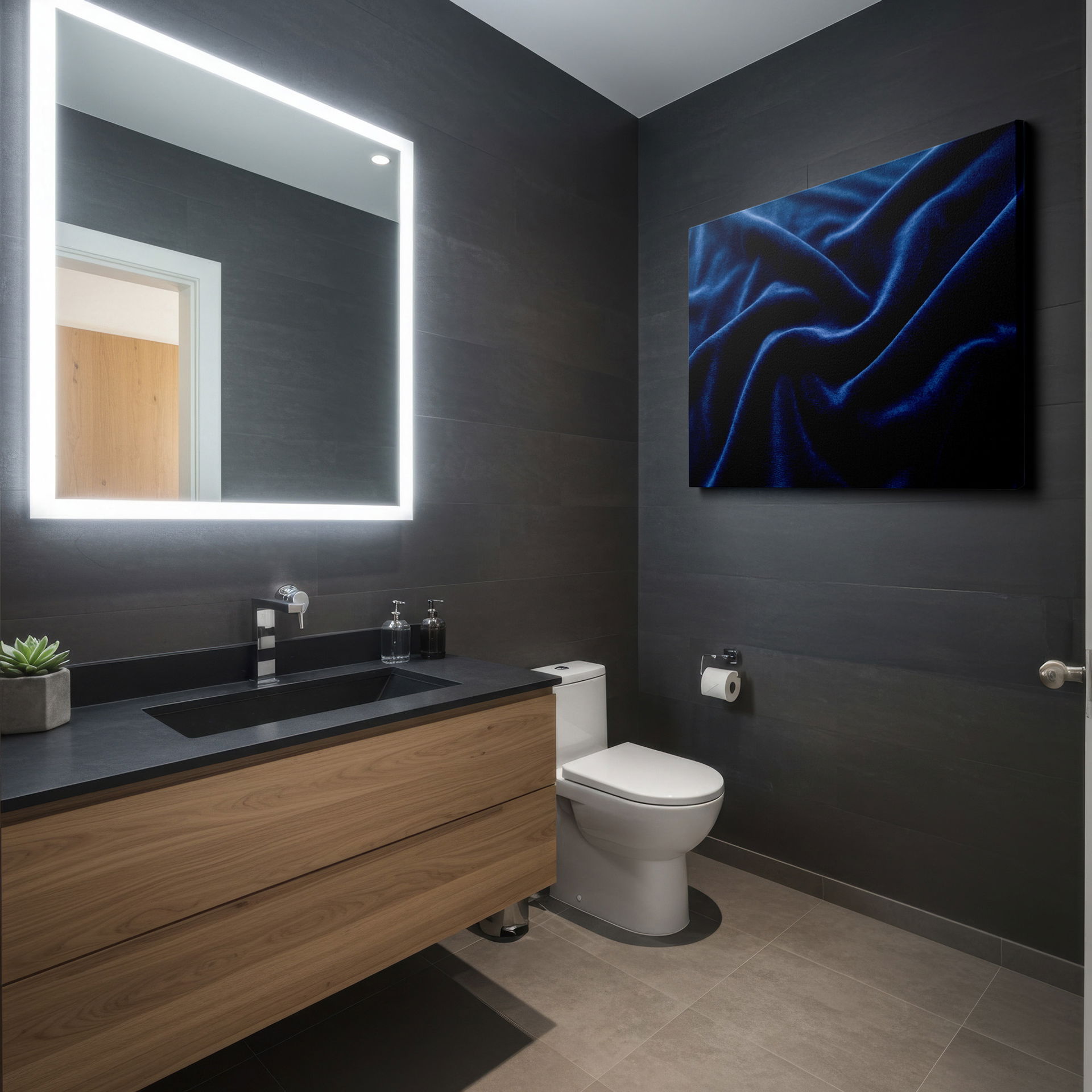 This image presents a luxurious, draped blue velvet texture, perfect as elegant wall decor.