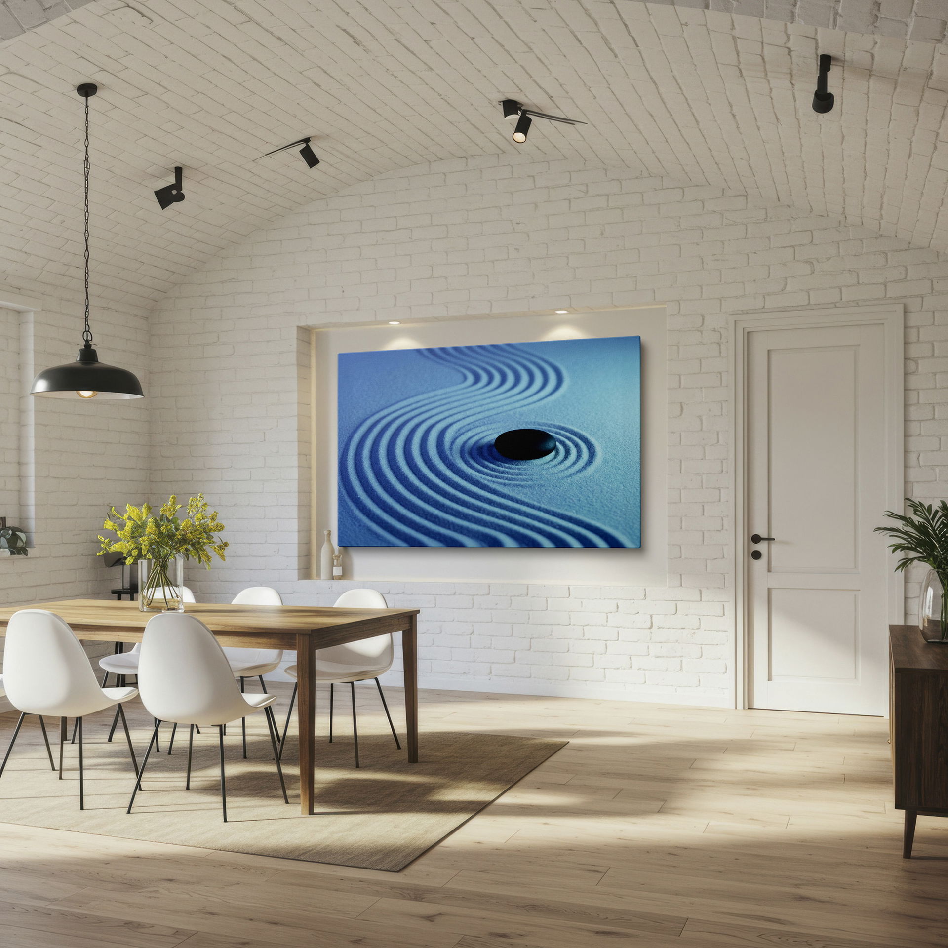 Captured zen garden detail with raked sand design, perfect for peaceful wall decor.