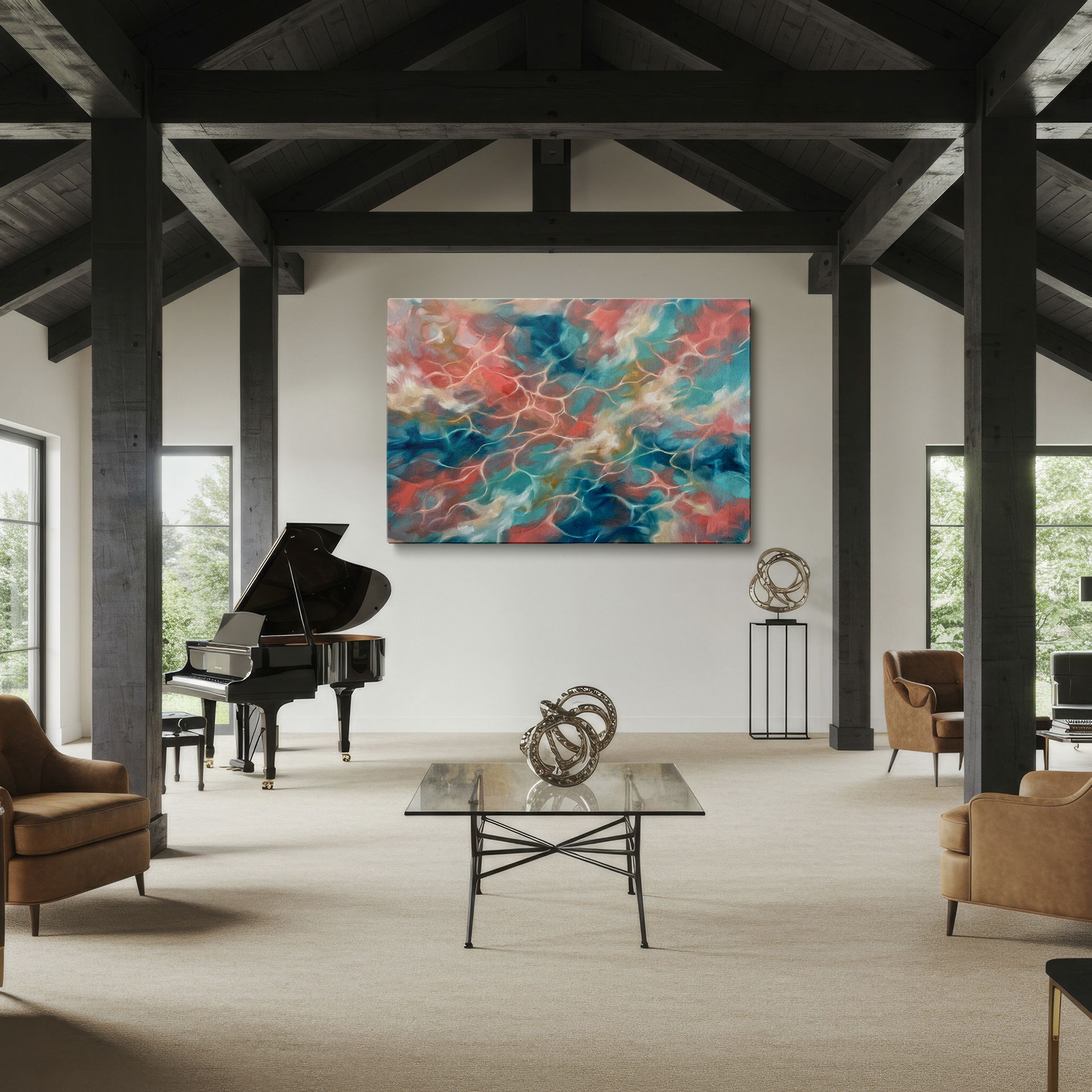 Abstract wall decor showcasing water reflections in a soothing coral, teal, and cream palette.