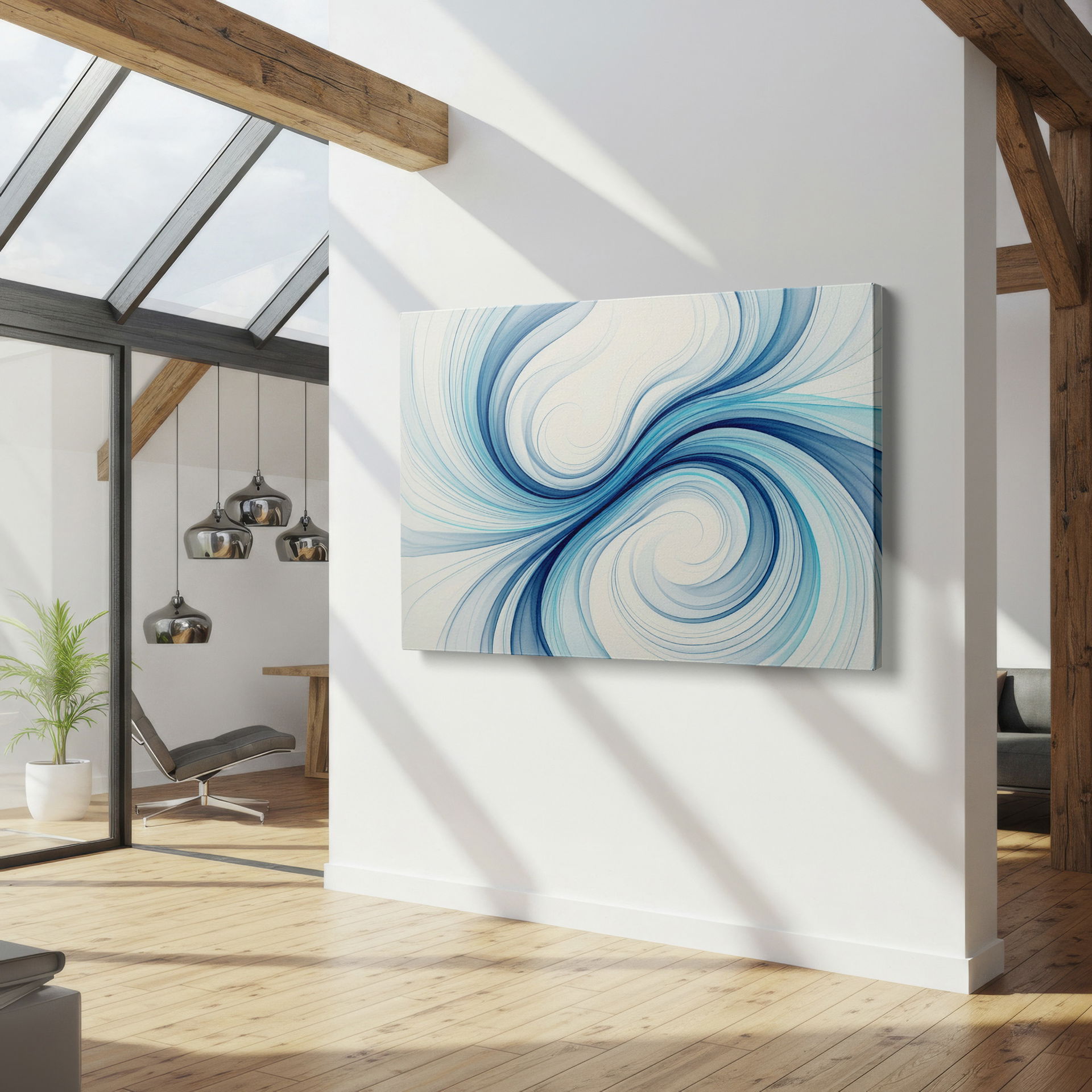 Swirling blue lines create a fluid design on this canvas wall decor.