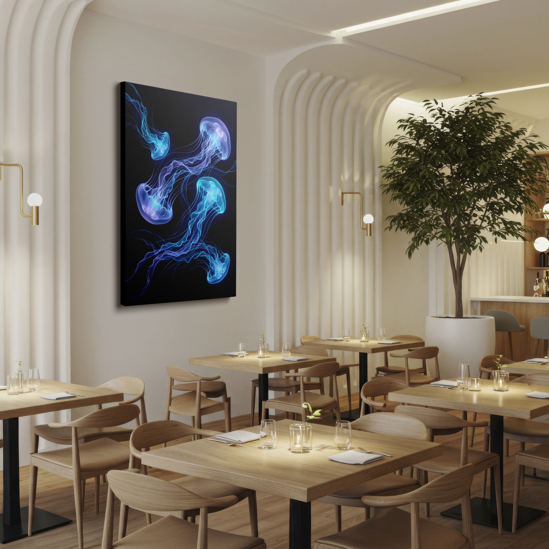 Graceful jellyfish wall decor, showcasing the beauty of underwater bioluminescence on a dark canvas.