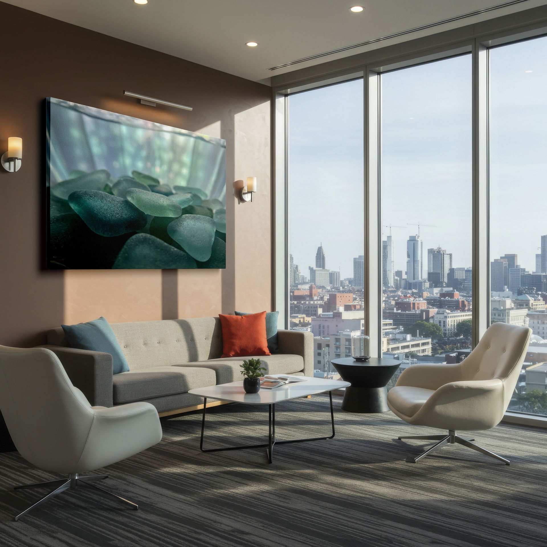 Detailed shot of sea glass wall decor, soft blue hues evoke the ocean's tranquility for home.