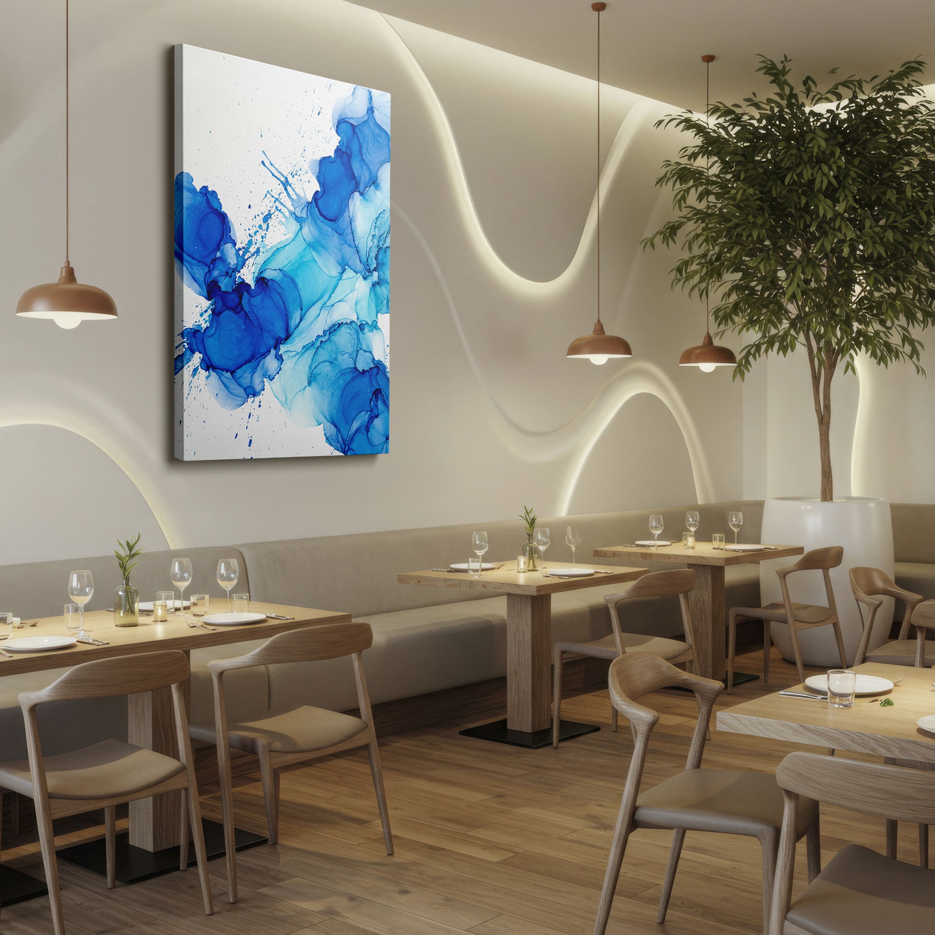 Fluid abstract art, swirling blue patterns, modern design on Wrapped Canvas, perfect for a living room.