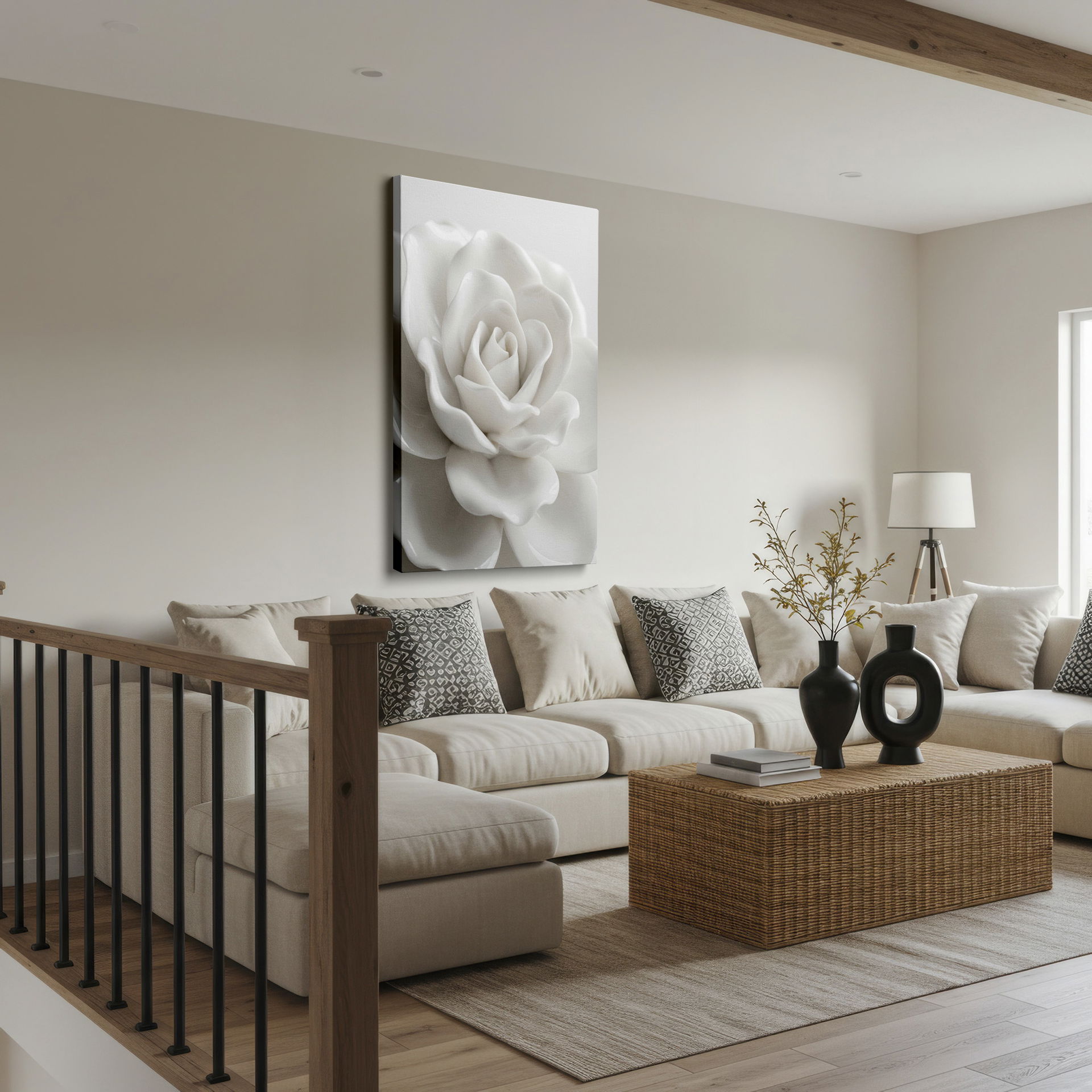 Detailed close-up of a pristine white rose, bringing elegance to any space as wall decor.