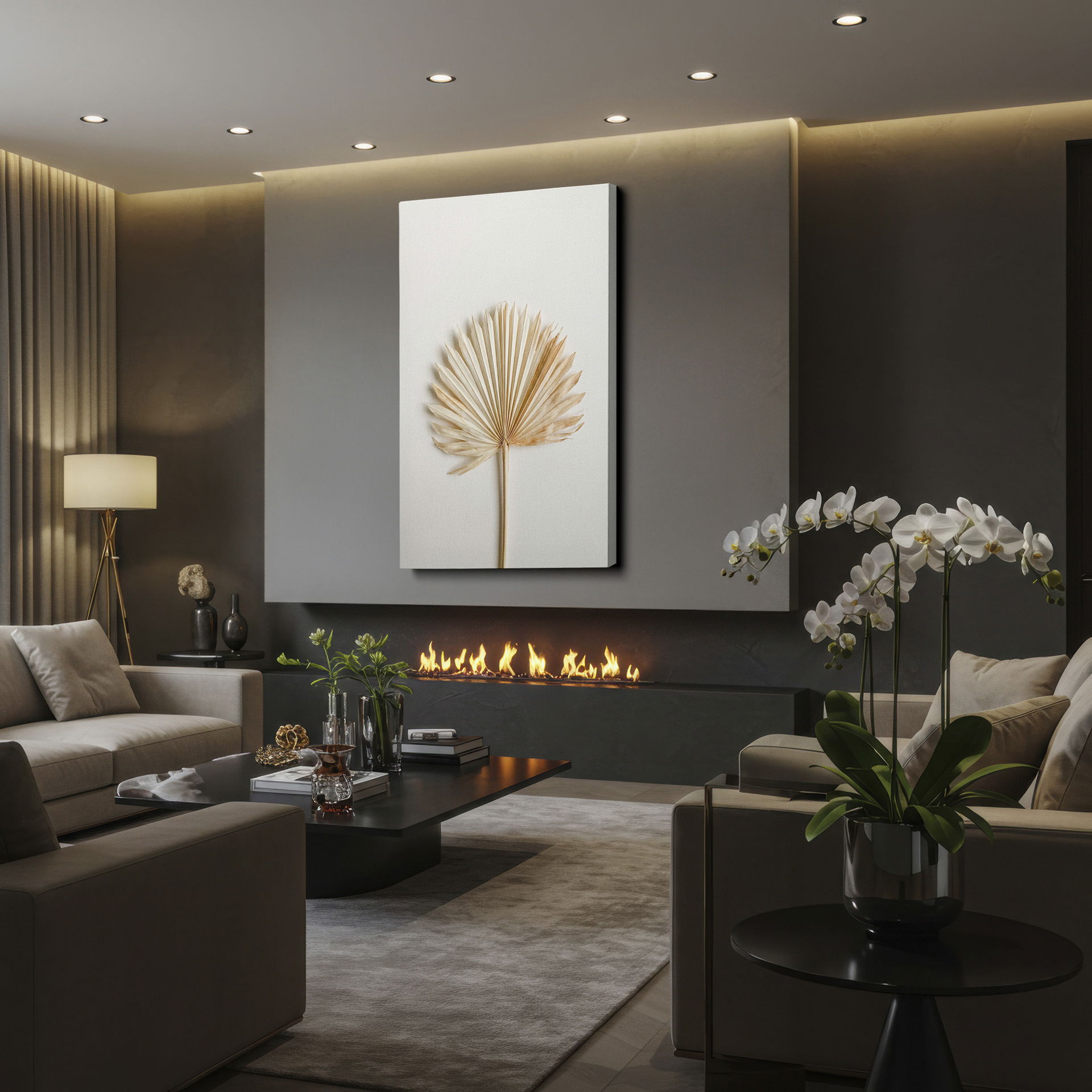 Close-up of a dried palm leaf on wrapped canvas, highlighting its texture and botanical form.