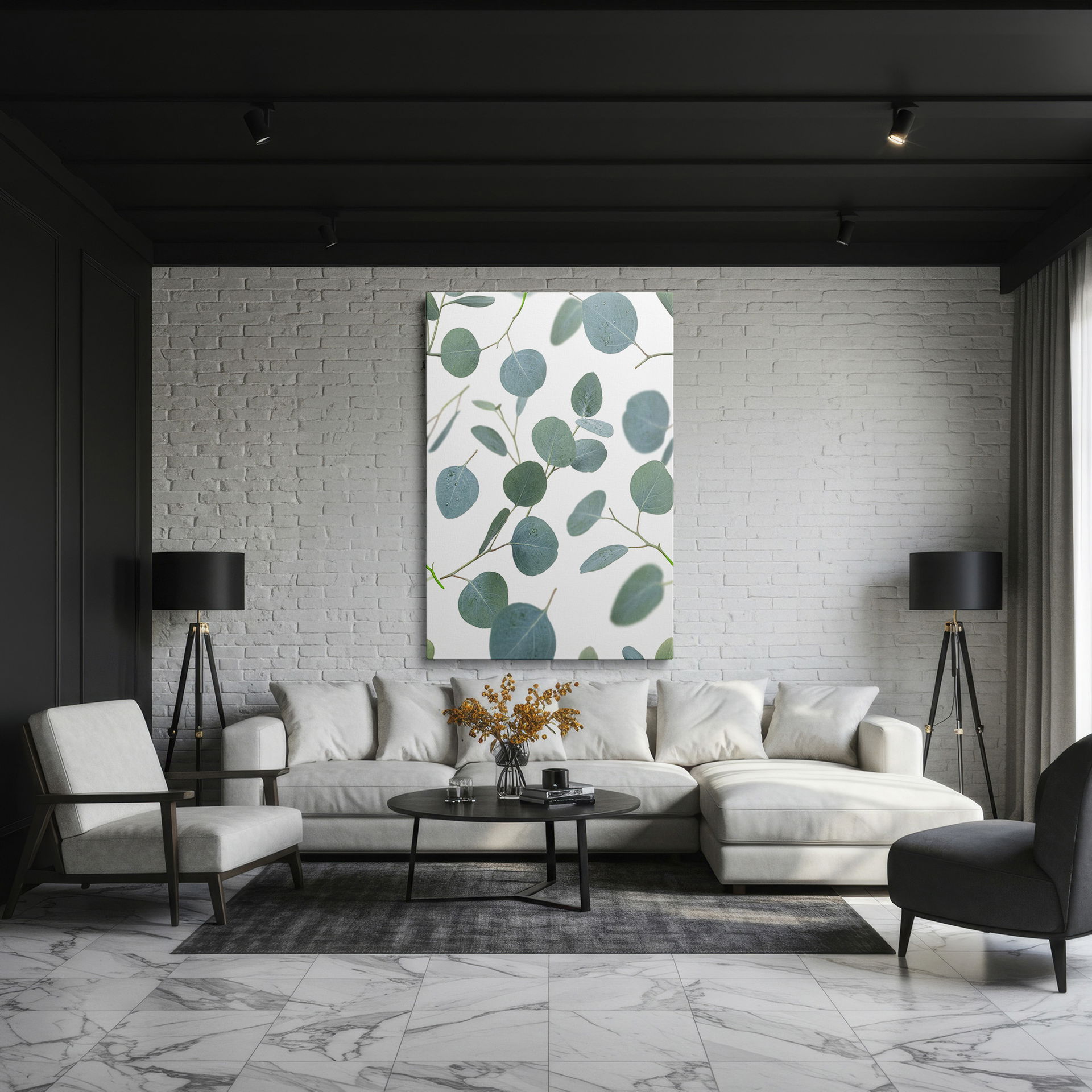 Eucalyptus leaves wrapped canvas showcases scattered silver-green leaves on a white backdrop; a fresh, botanical design.