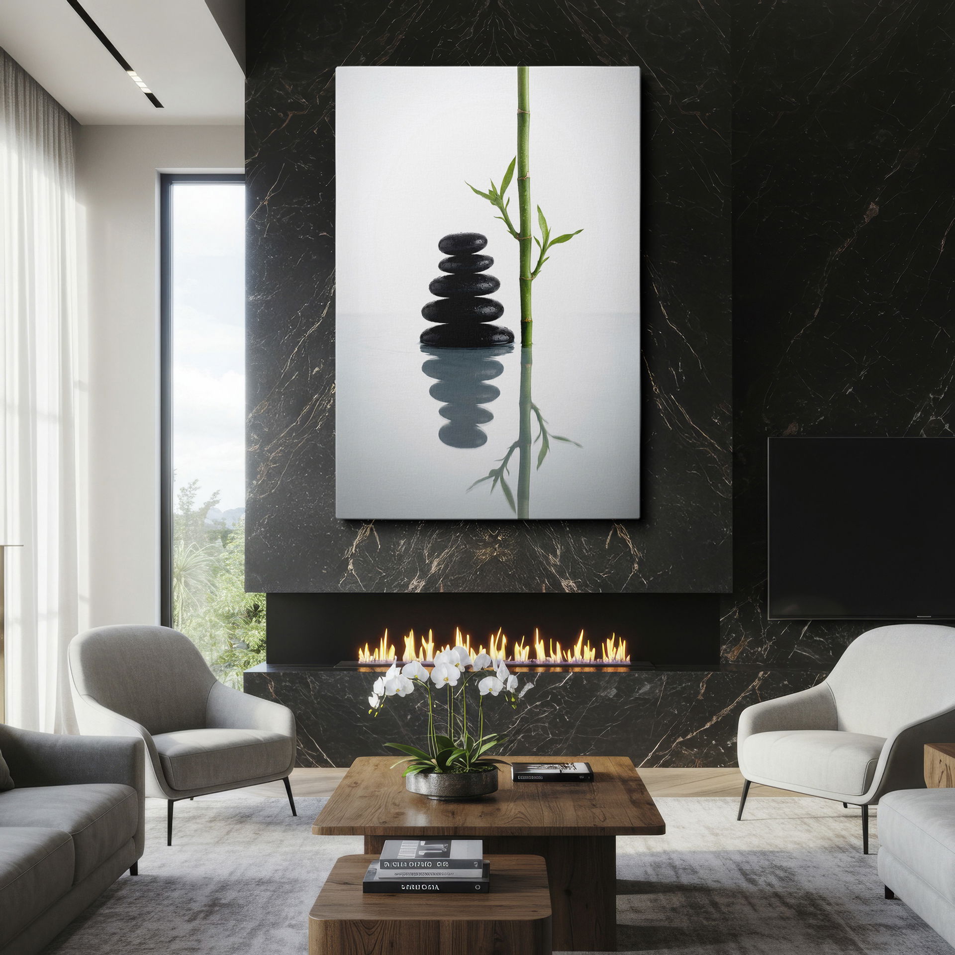 Peaceful stack of dark stones and bamboo reflected in water; ideal wall decor for creating a calming atmosphere.