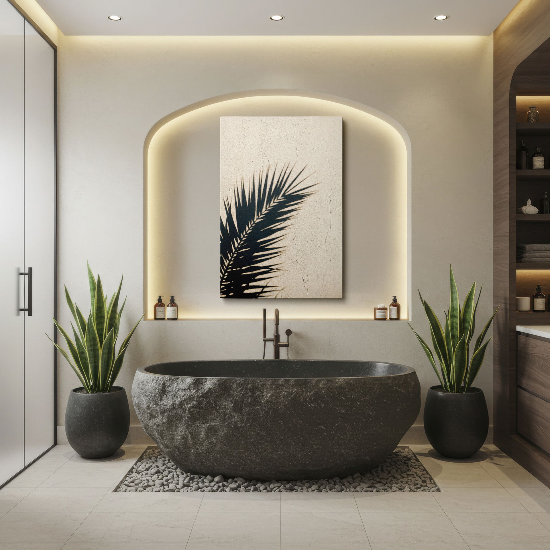 Intricate shadows of a palm leaf enhance this modern wall decor piece.