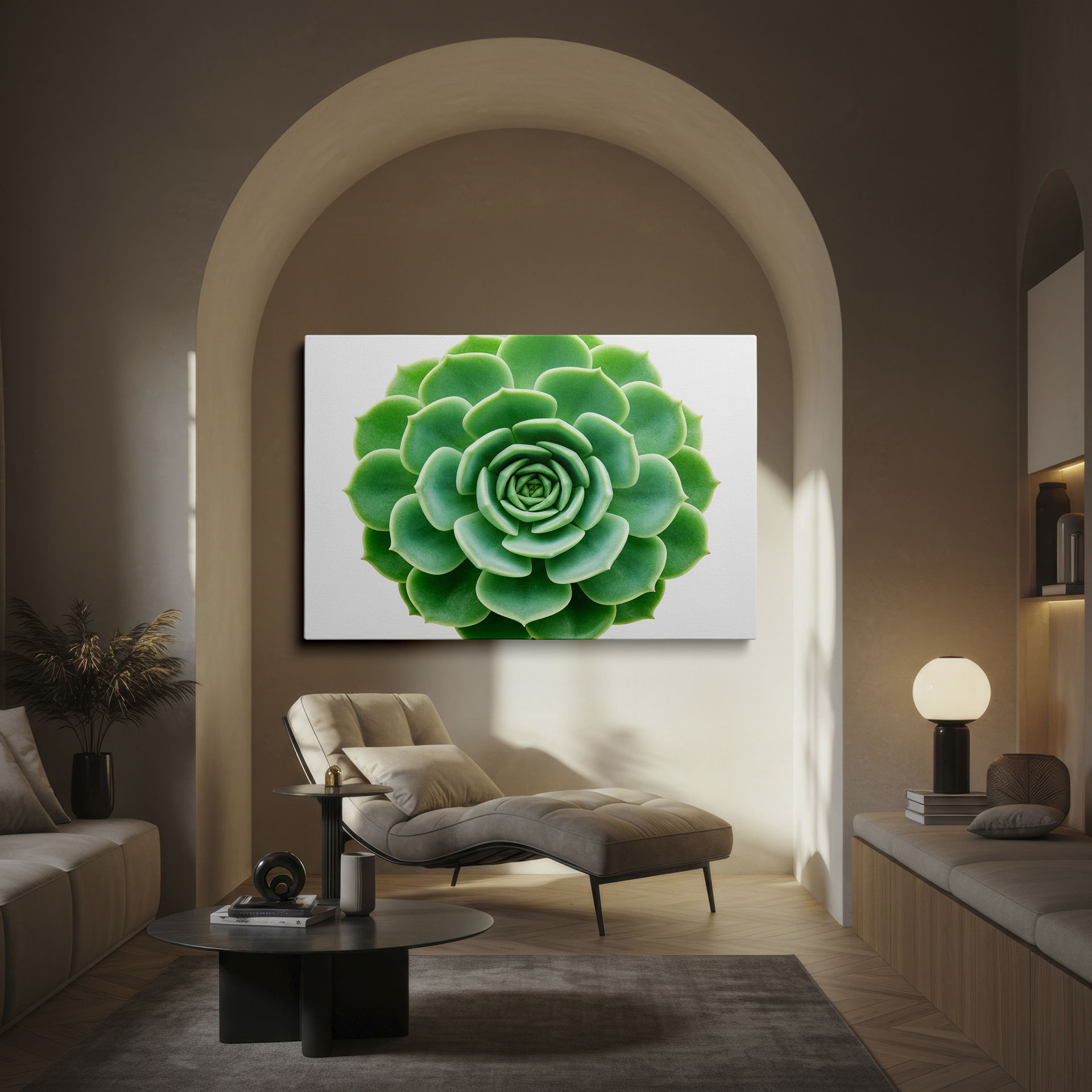 Detailed wall decor showcasing a succulent plant with symmetrically placed leaves, offering a natural aesthetic.