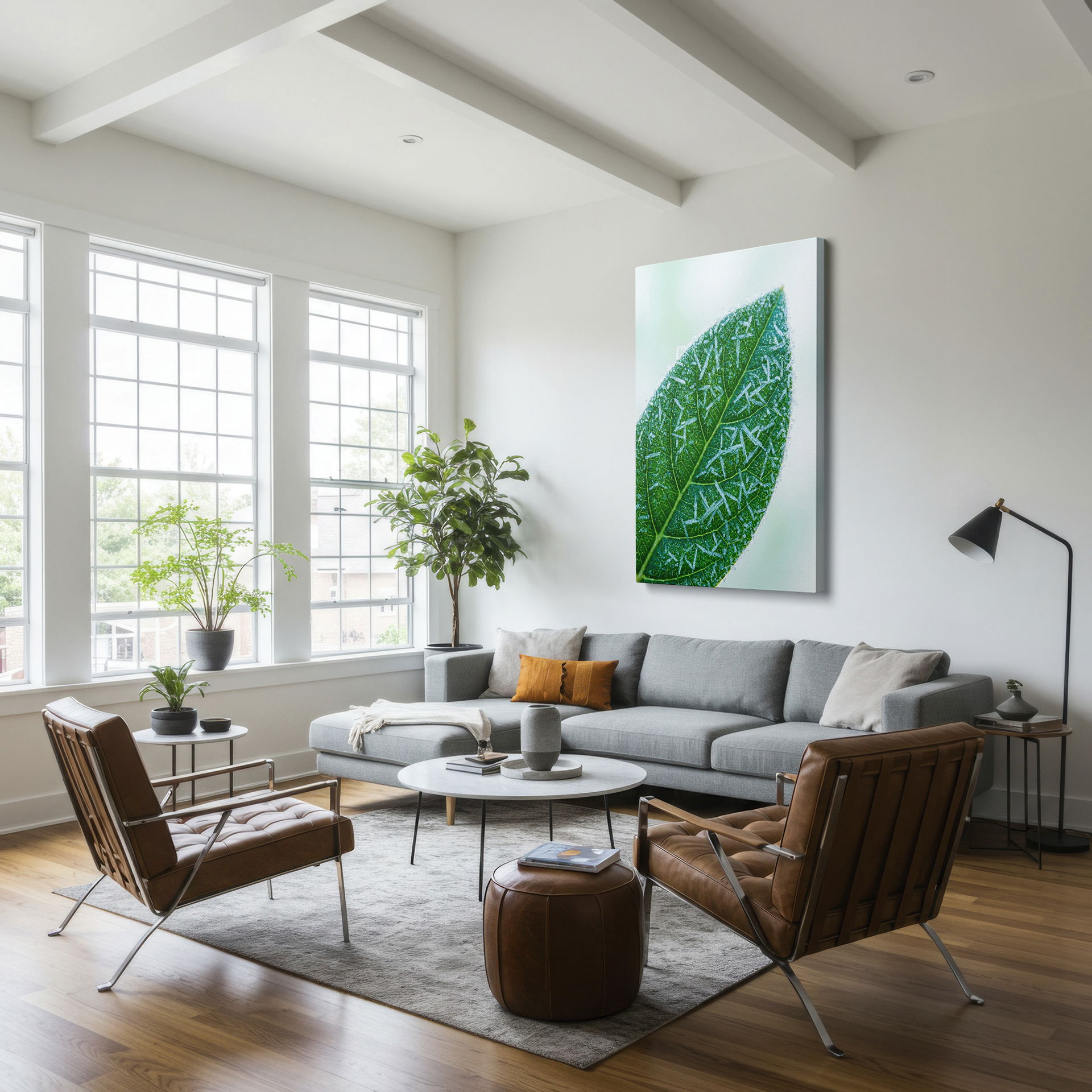 Intricate frost patterns on a green leaf surface, nature's artistry captured as stunning wall decor.