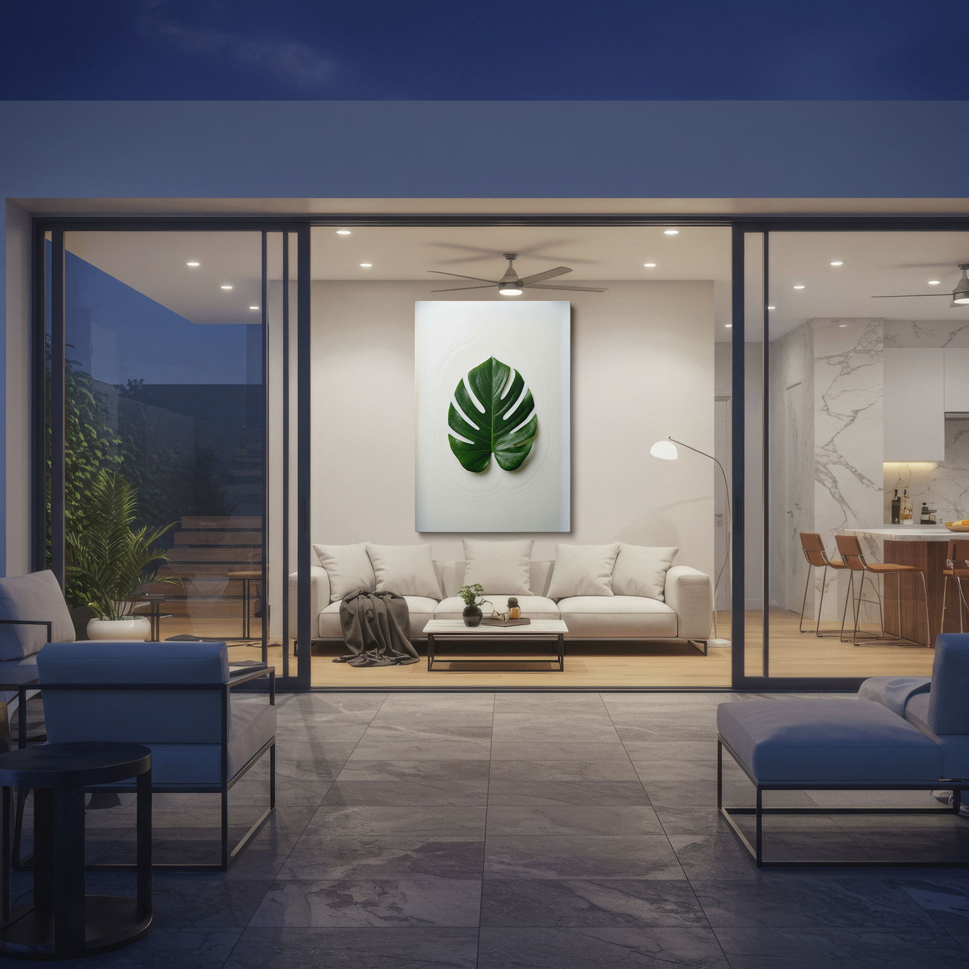 Monstera leaf floating in white liquid showcased as striking wall decor.