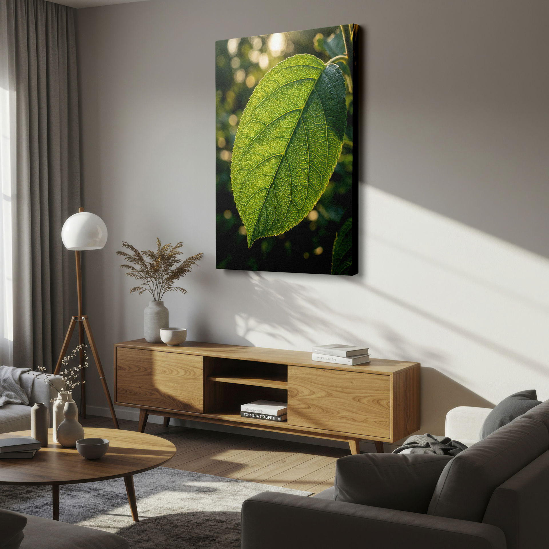 Detailed close-up of a translucent green leaf, showcasing its intricate veins. A captivating nature wall decor design for Wrapped Canvas.