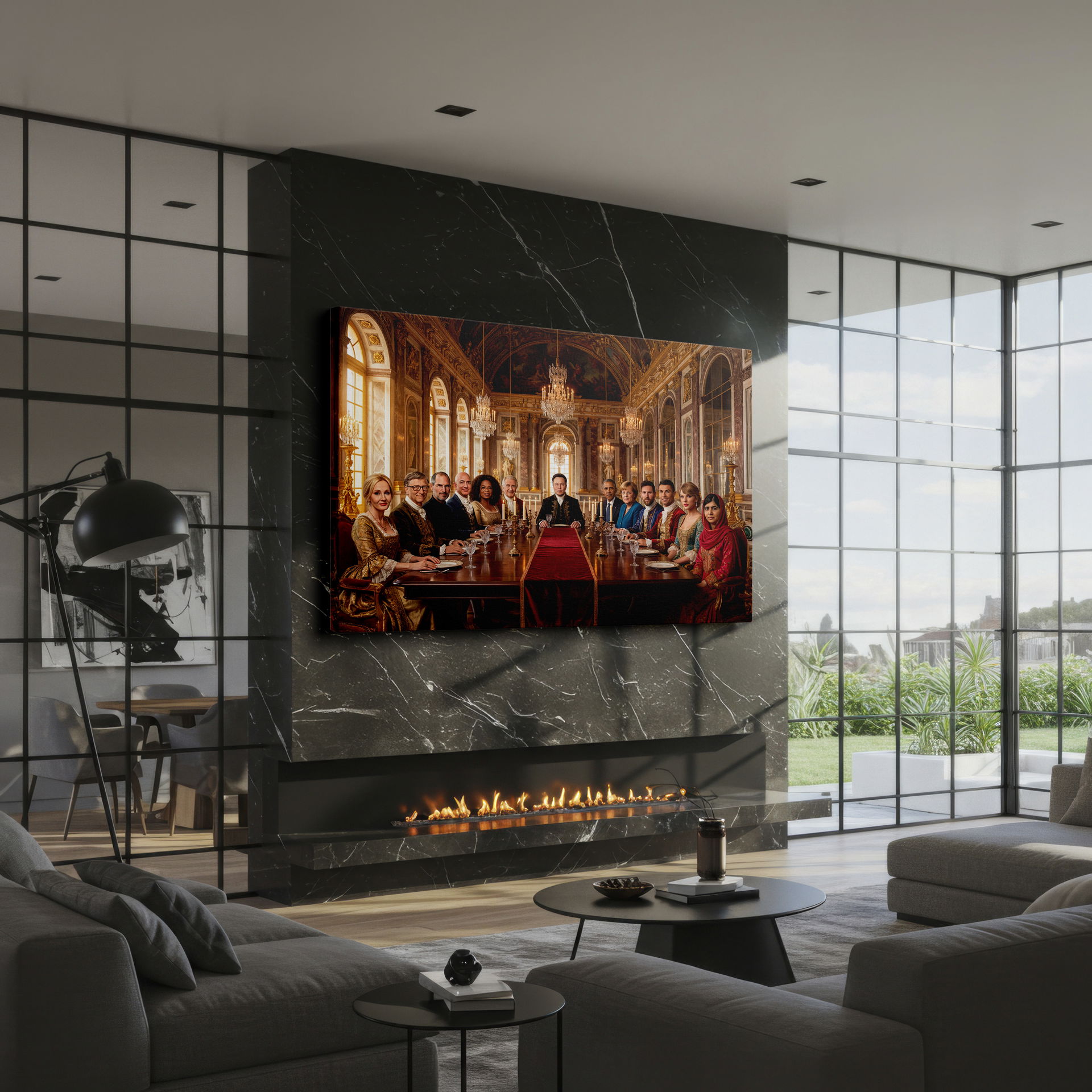 High-quality Wrapped Canvas of celebrities dining in a baroque setting. Great detail.