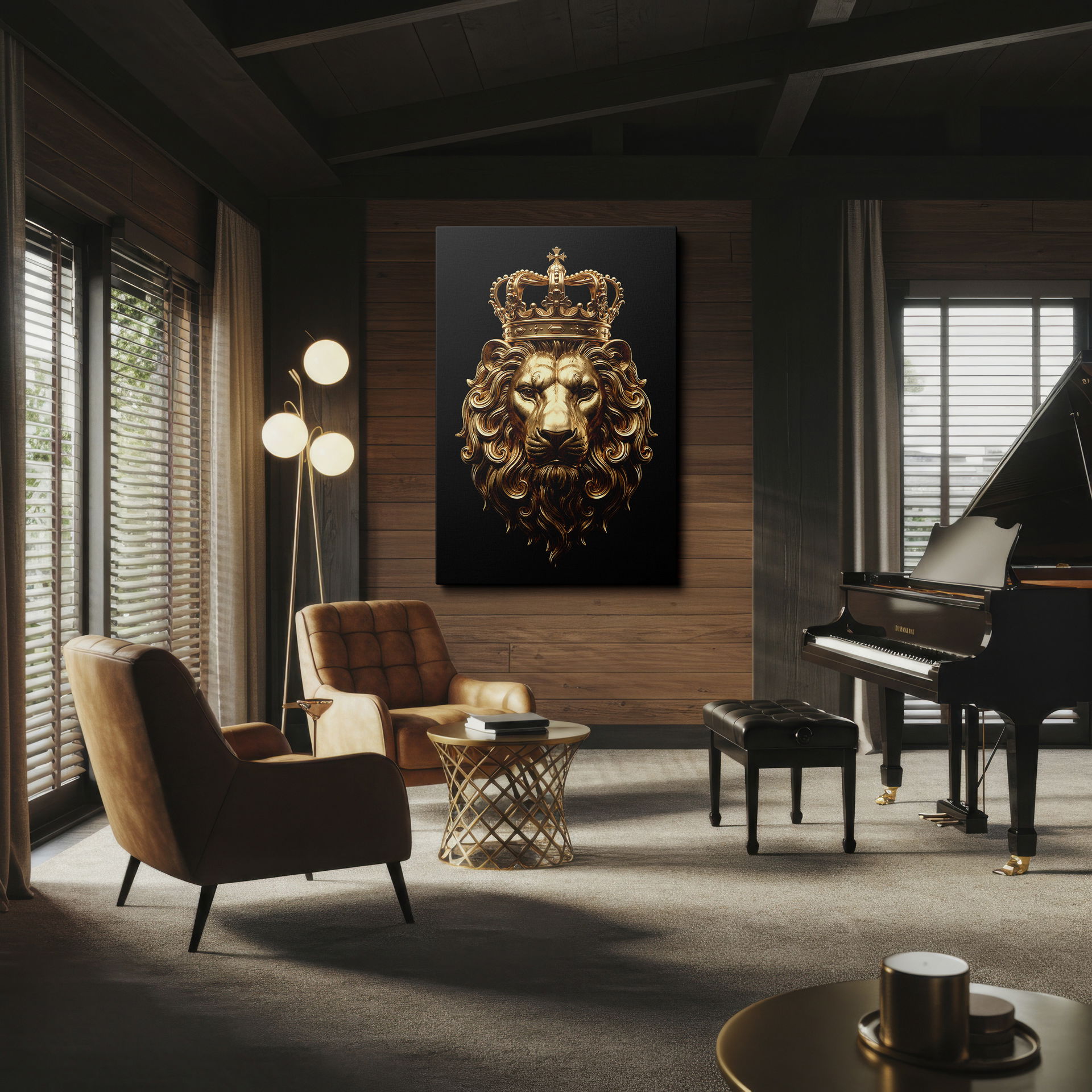 Stunning wall decor featuring a regal golden lion with a crown, set against a black backdrop, perfect for any room.