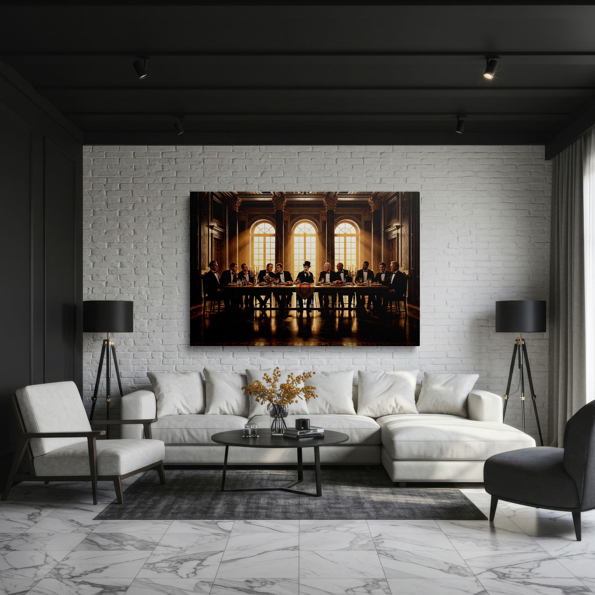 An elegant dinner scene with legendary personalities, available as stylish wall decor.