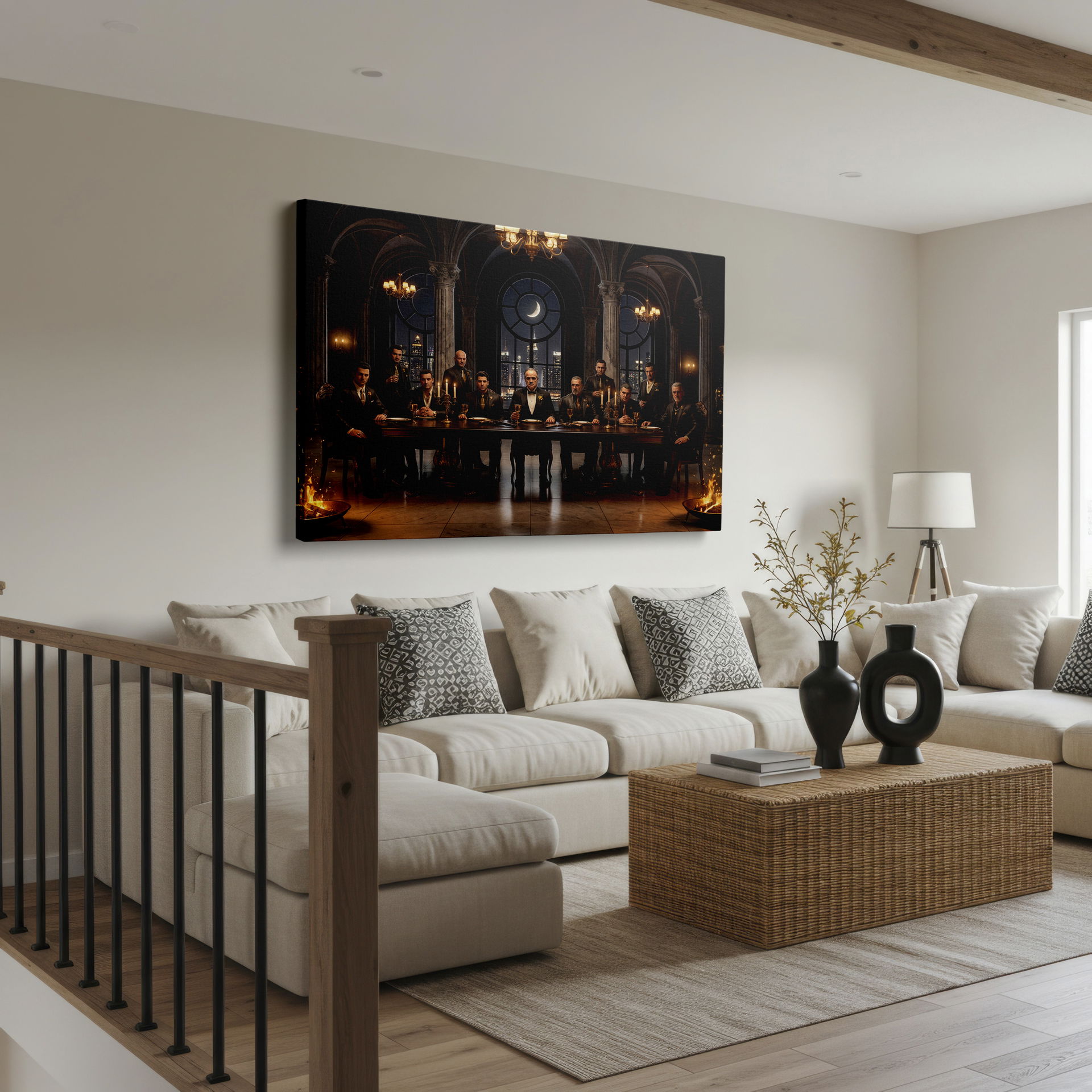 Intriguing wall decor featuring a mafia-style feast against a gothic cityscape; perfect for any room.