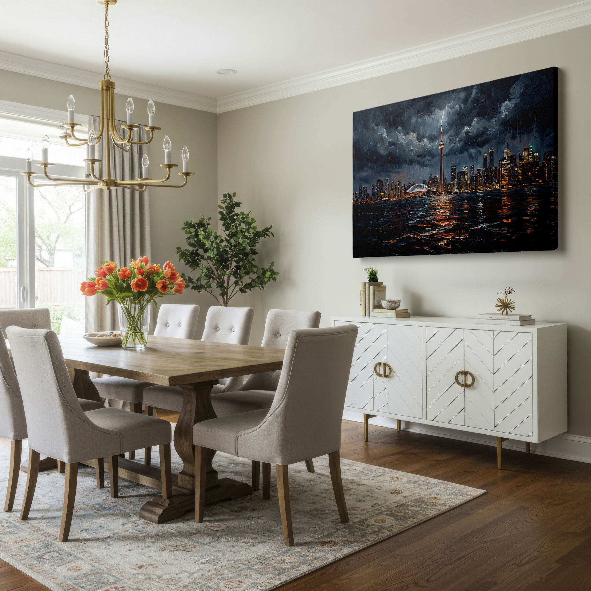 Striking wall decor: Toronto cityscape with CN Tower highlighted by lightning in a stormy scene.