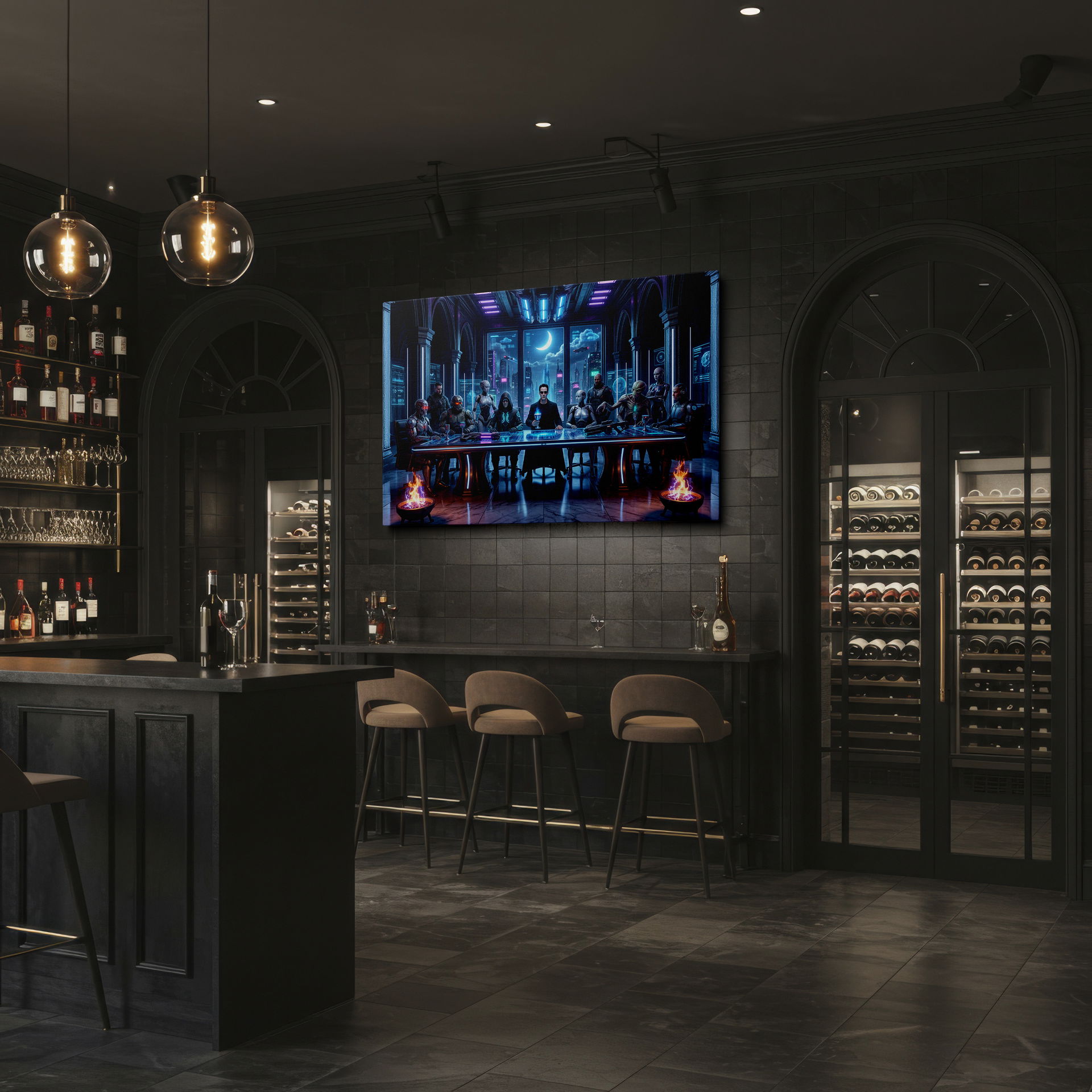 Detailed wall decor featuring a futuristic cityscape and diverse characters.