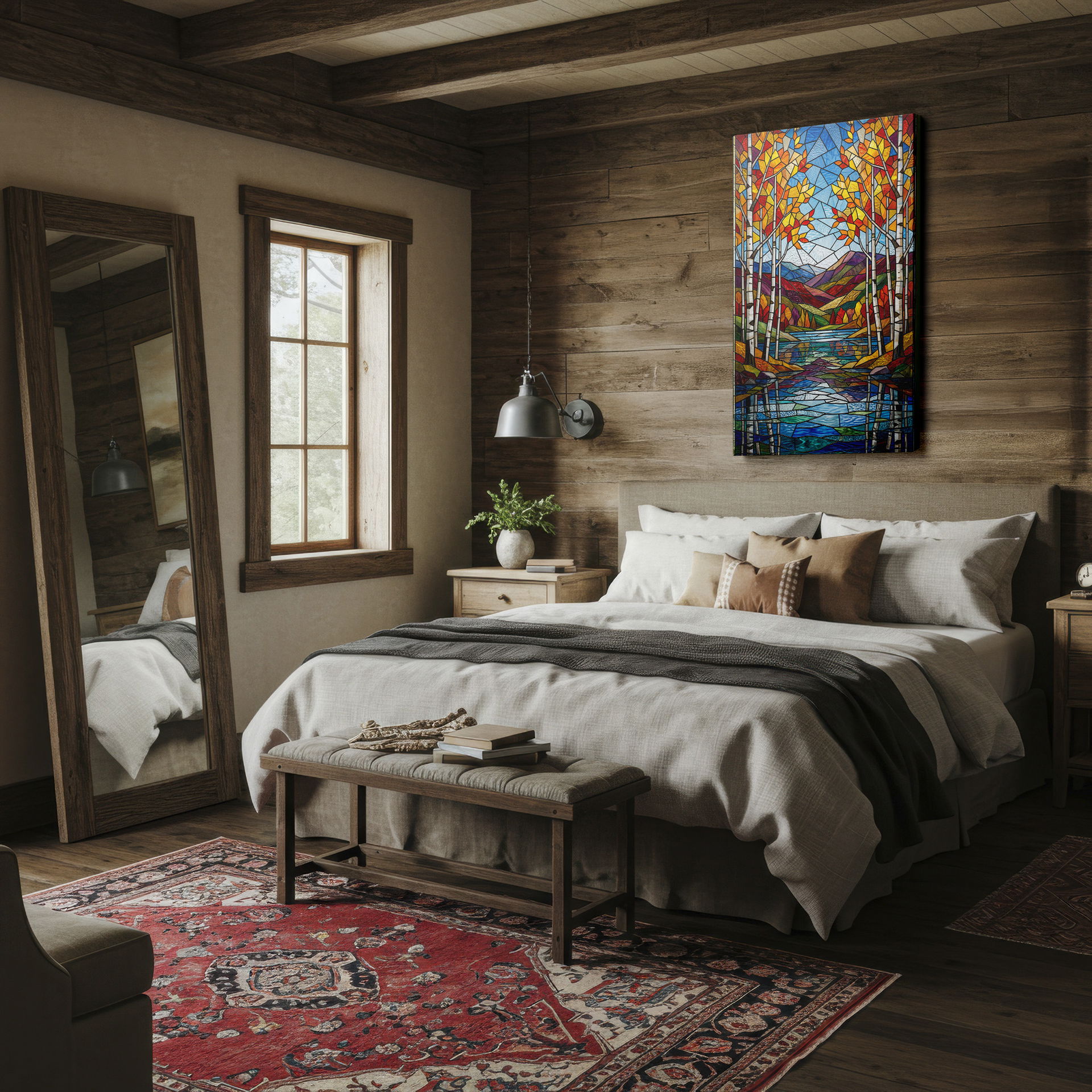 Forest scene wall decor in a stained glass pattern, featuring trees and mountains.