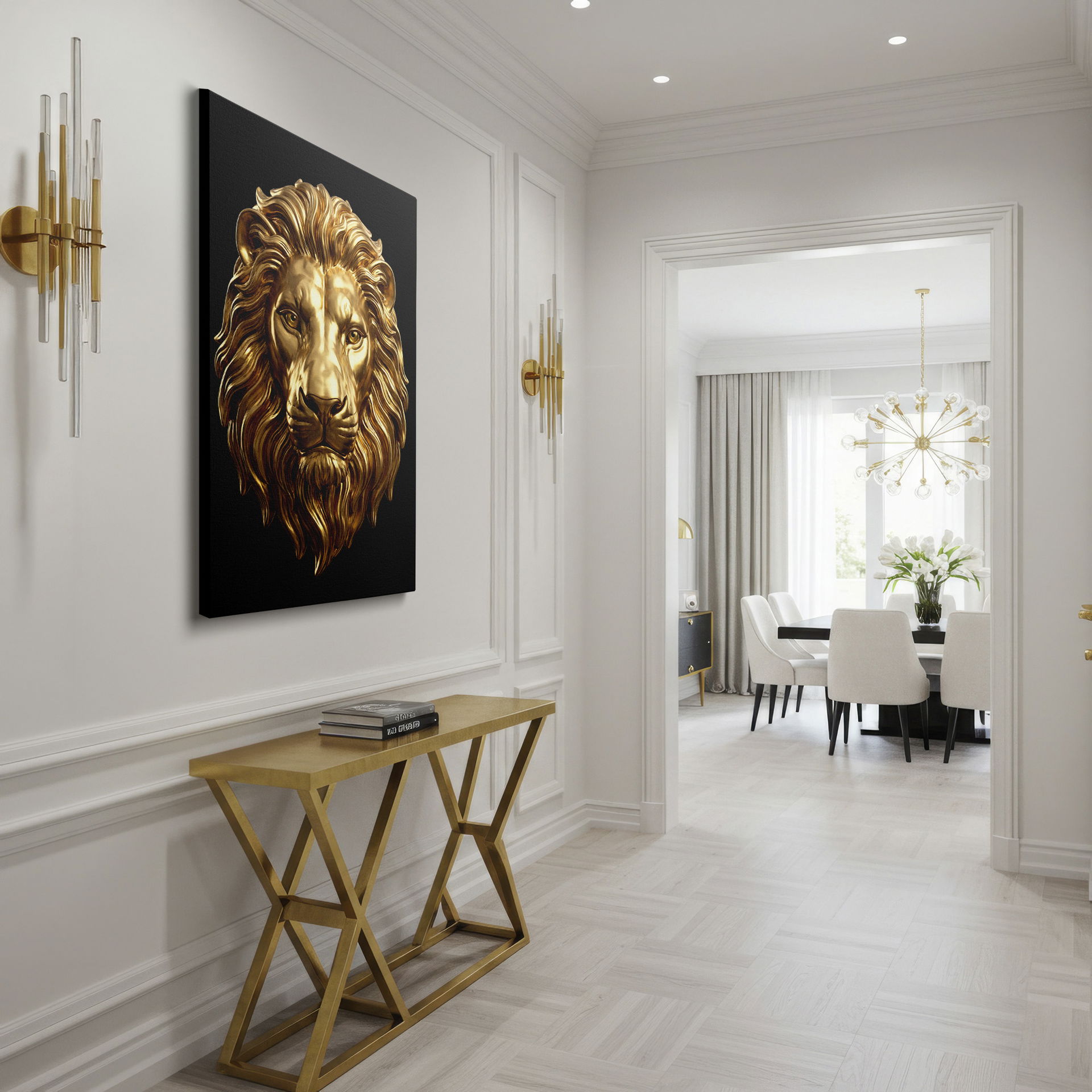Detailed golden lion head, majestic Wrapped Canvas art, black backdrop adds sophistication to décor.