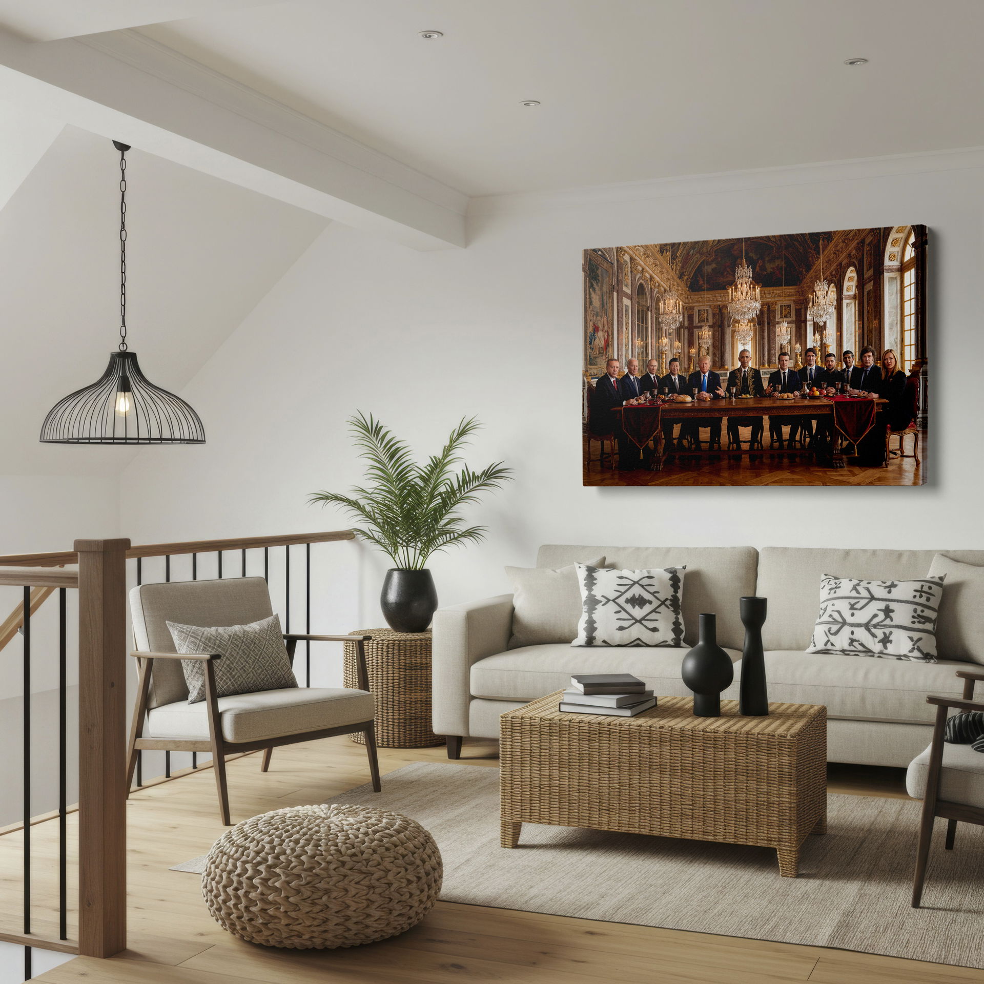 This Wrapped Canvas shows world figures in a lavish setting, perfect for your home.