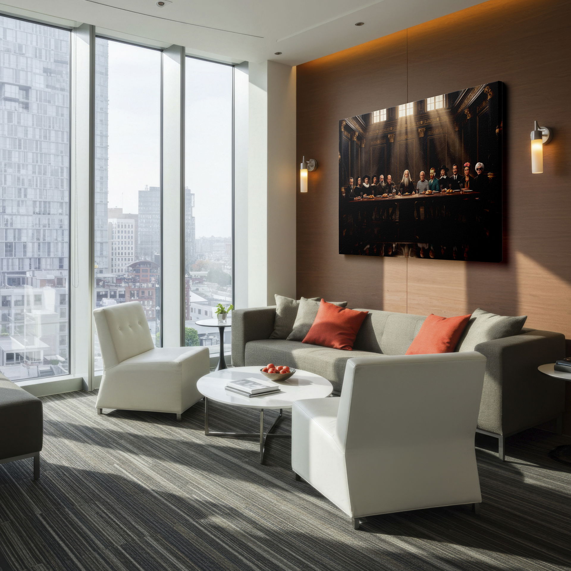 This striking wall decor features legendary artists at a reimagined Last Supper scene.