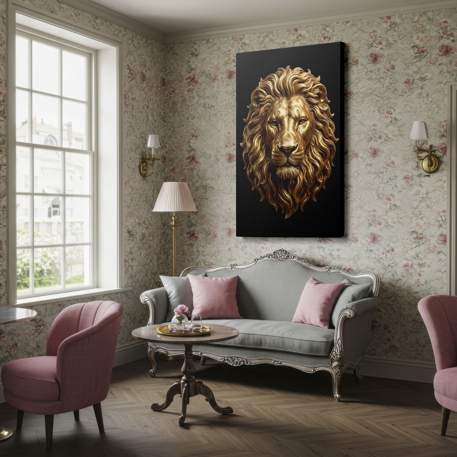 Radiant golden lion head, a captivating piece of Wrapped Canvas artwork, ideal for a regal home decor.