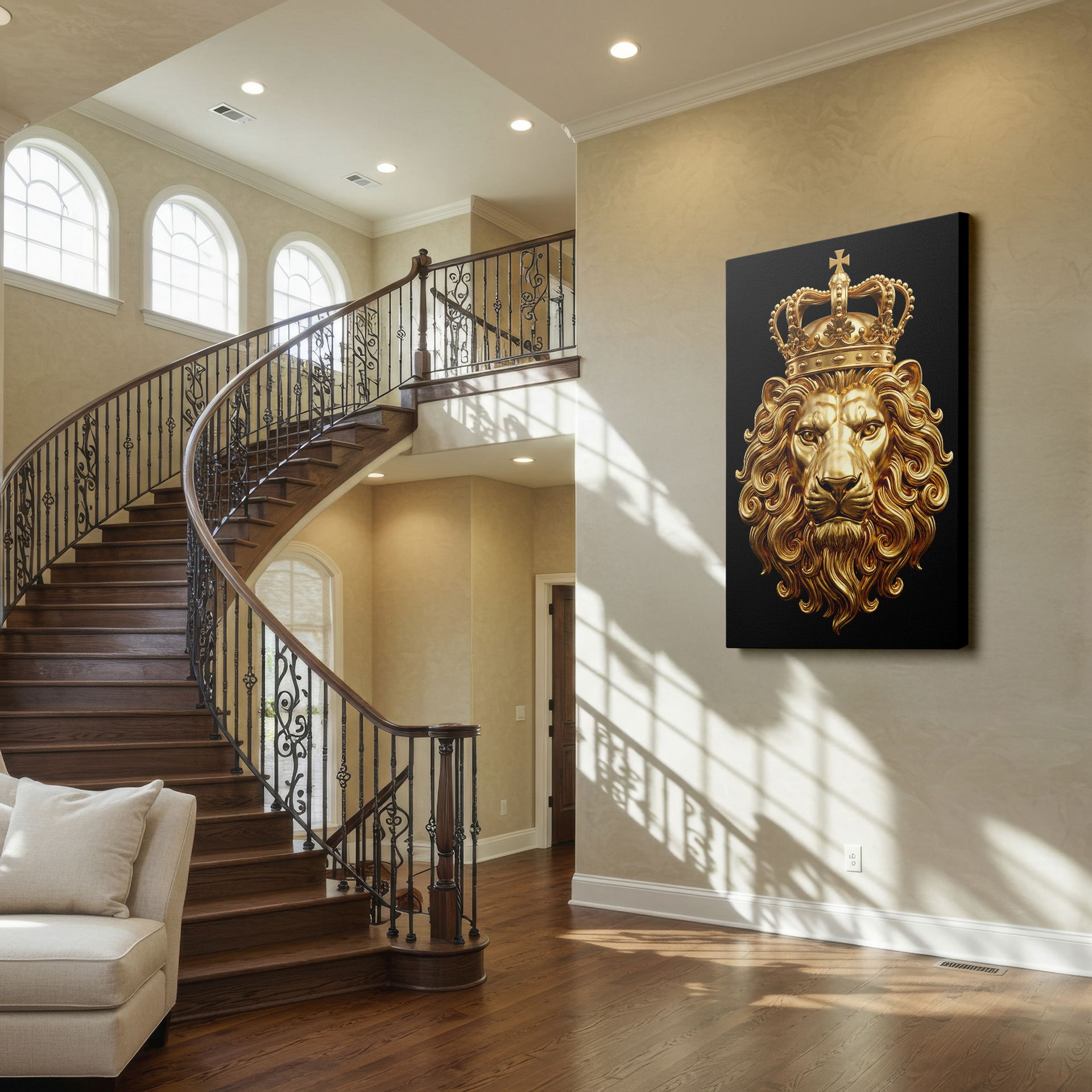 Detailed golden lion with crown wall art against black. This Wrapped Canvas adds a regal charm.